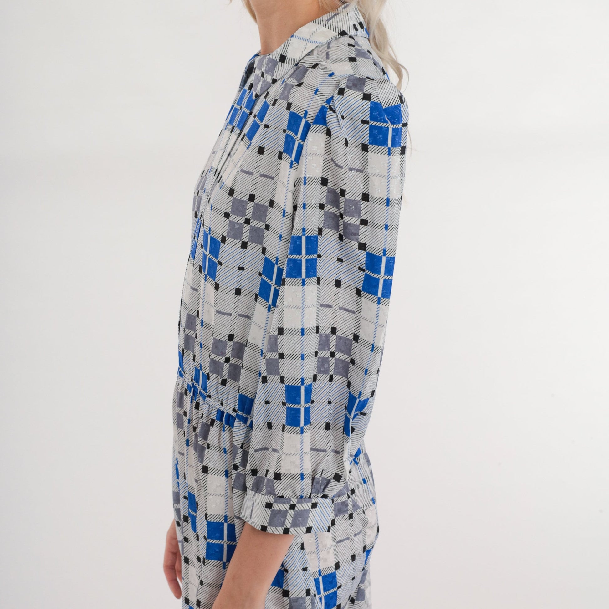 70s Jonathan Martin Plaid Mini Dress Grey Blue Puff Sleeve Keyhole Medium
