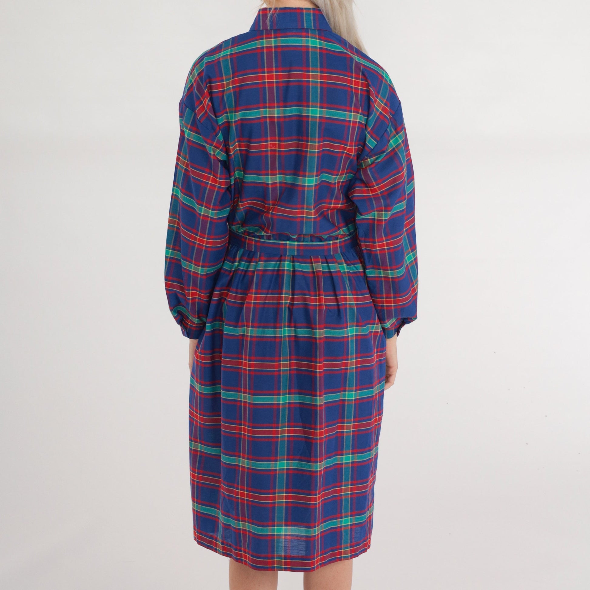 80s Plaid Button-Up Midi Dress High Waist Collared Shirtdress Blue Red Green Medium