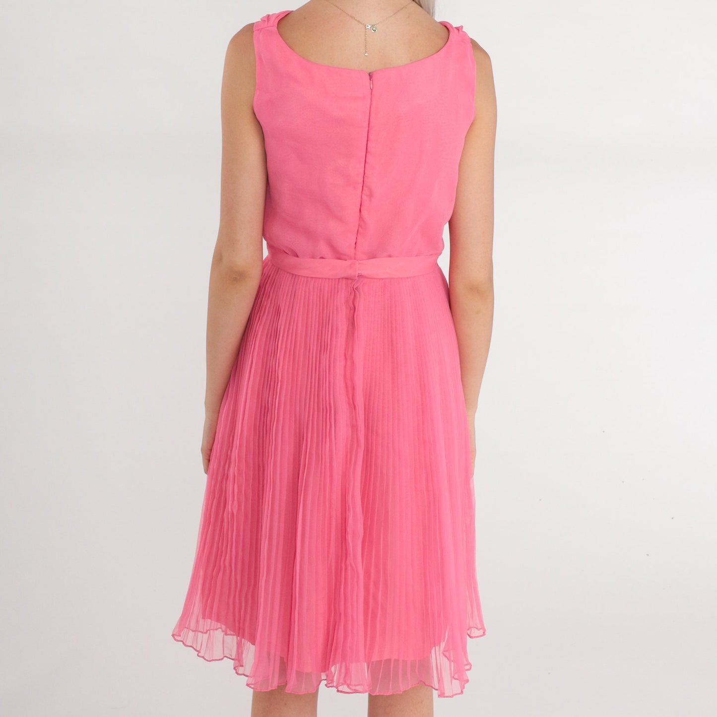 70s Eddie Nober Pink Chiffon Mini Dress Cowl Neck Bow Belt XS