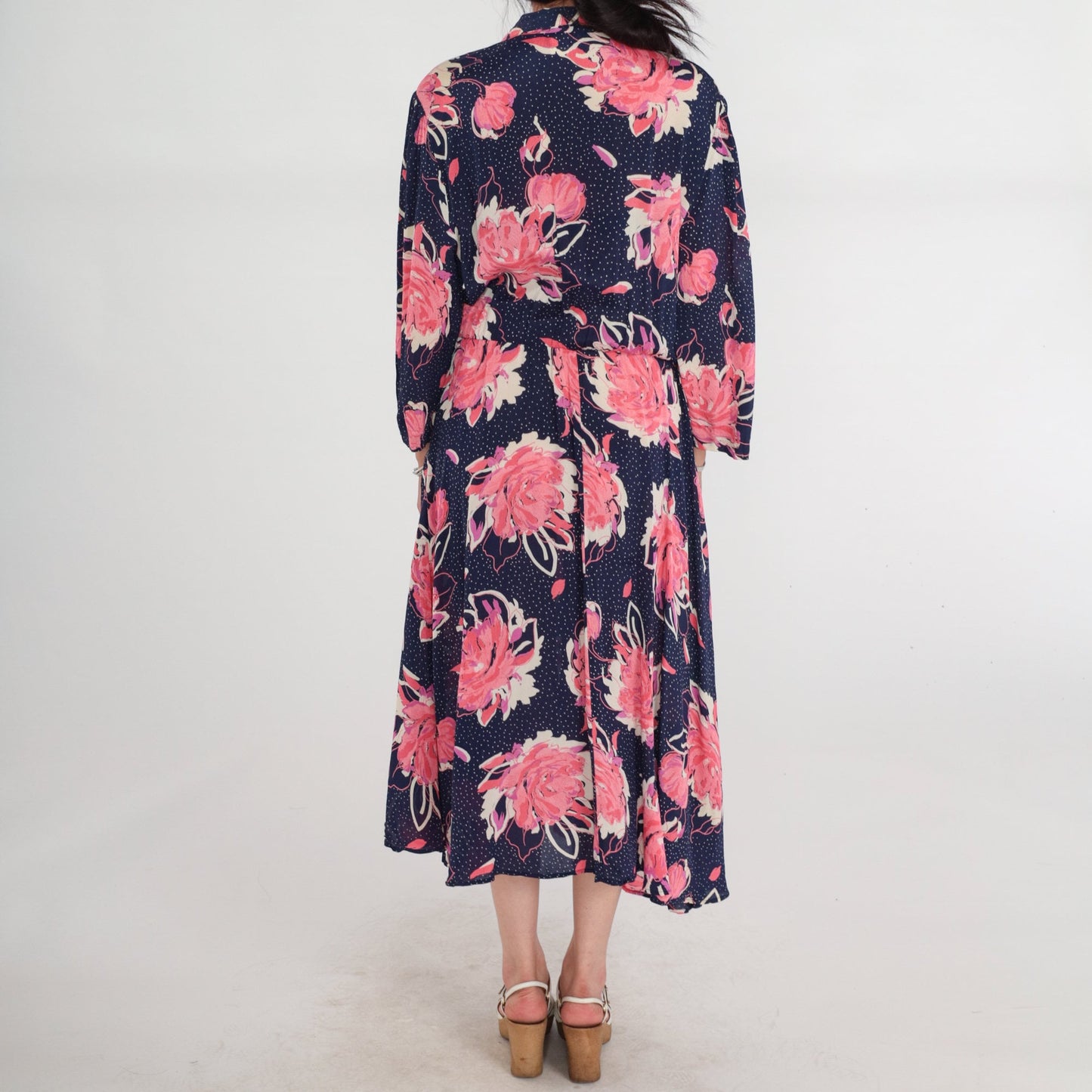 80s Navy Floral Polka Dot Midi Wrap Dress Collared V-Neck 3/4 Sleeve Medium