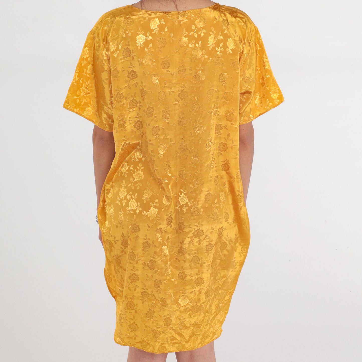 90s Yellow Satin Nightgown Floral Embossed Mini Lace Trim Button-Up Large