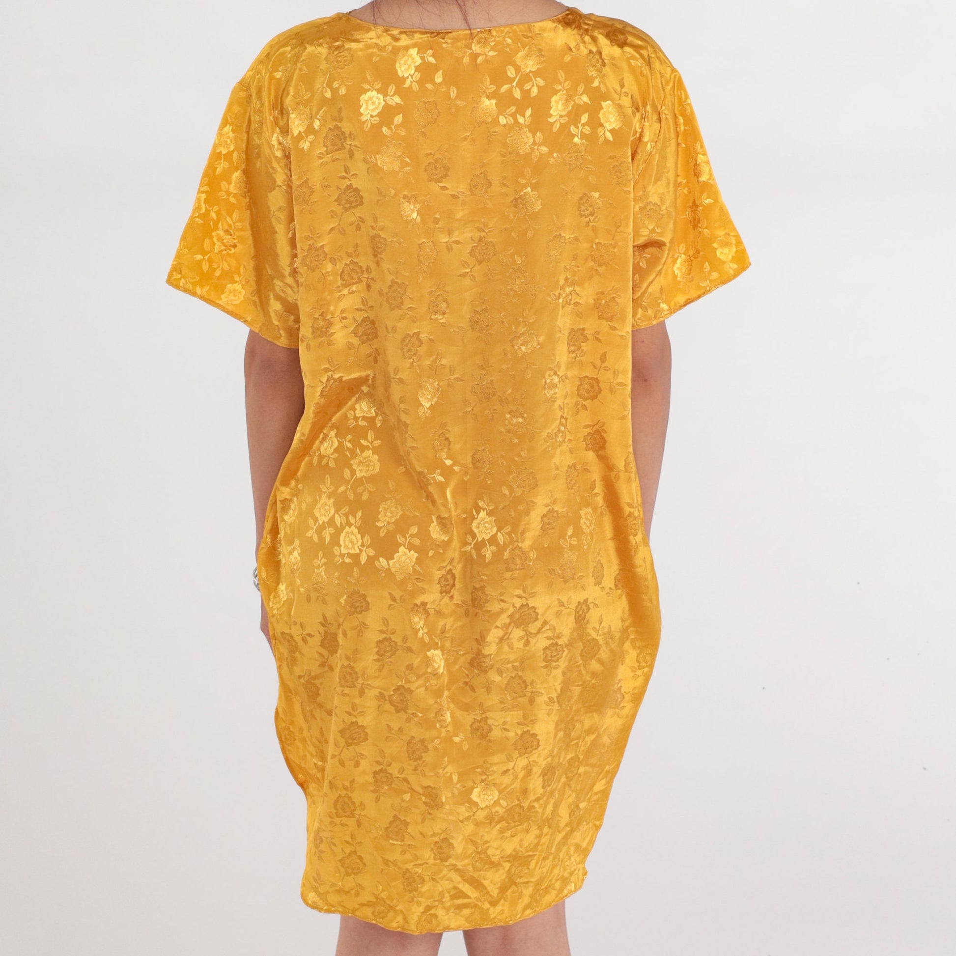 90s Yellow Satin Nightgown Floral Embossed Mini Lace Trim Button-Up Large