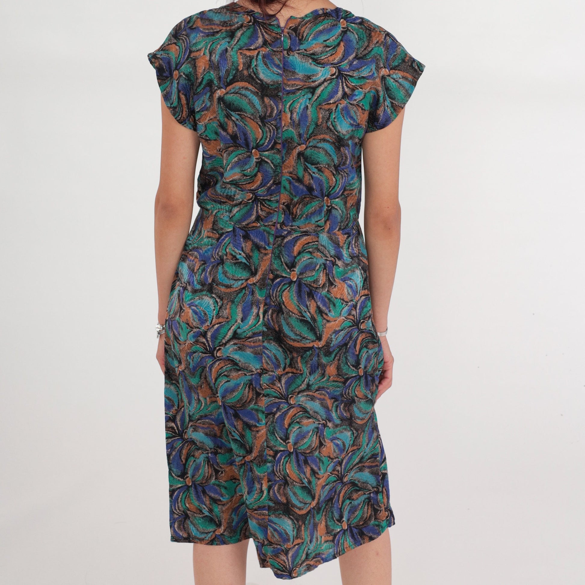 80s Silk Floral Midi Dress Cap Sleeve High Waist Abstract Print Small