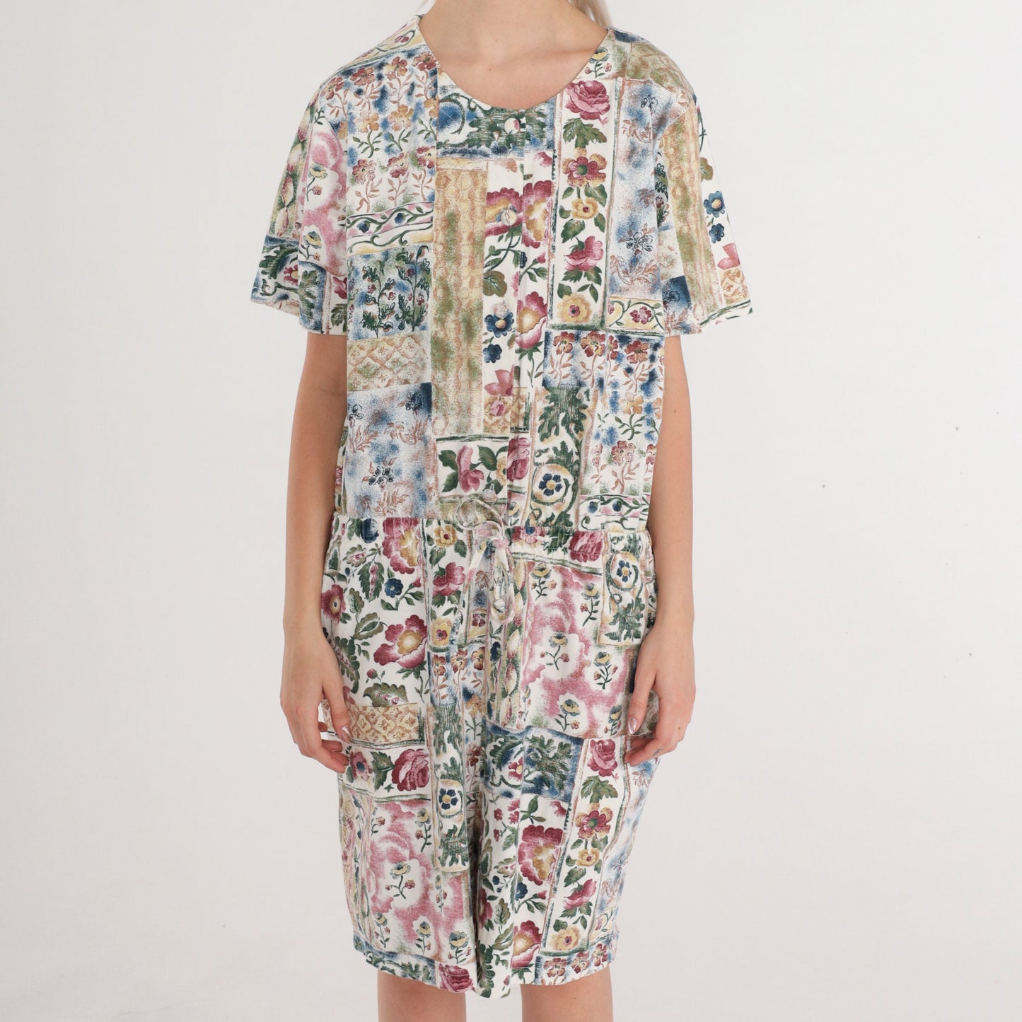 90s New Look Floral Button-Up Romper Knee-Length Wide Leg Cotton Medium M