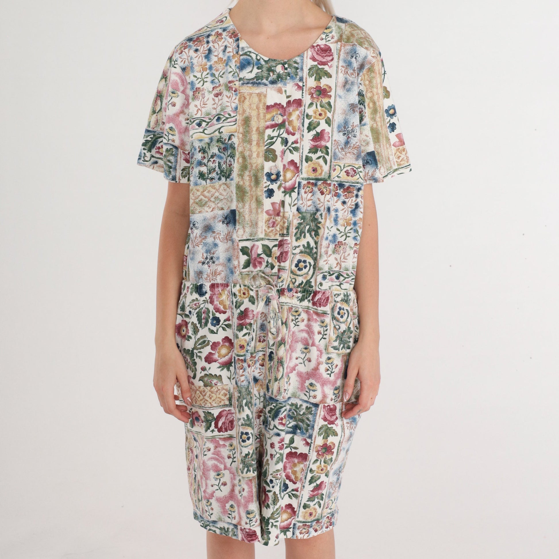 90s New Look Floral Button-Up Romper Knee-Length Wide Leg Cotton Medium M