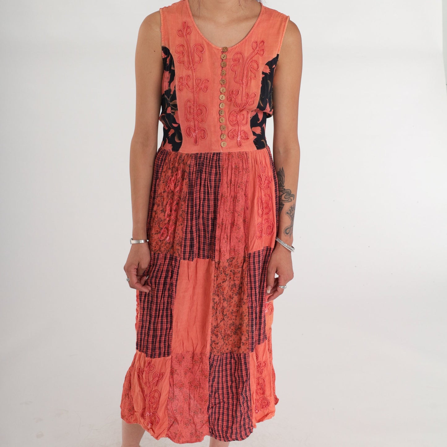 90s Indian Embroidered Patchwork Midi Dress Floral Plaid Rayon Sleeveless Medium