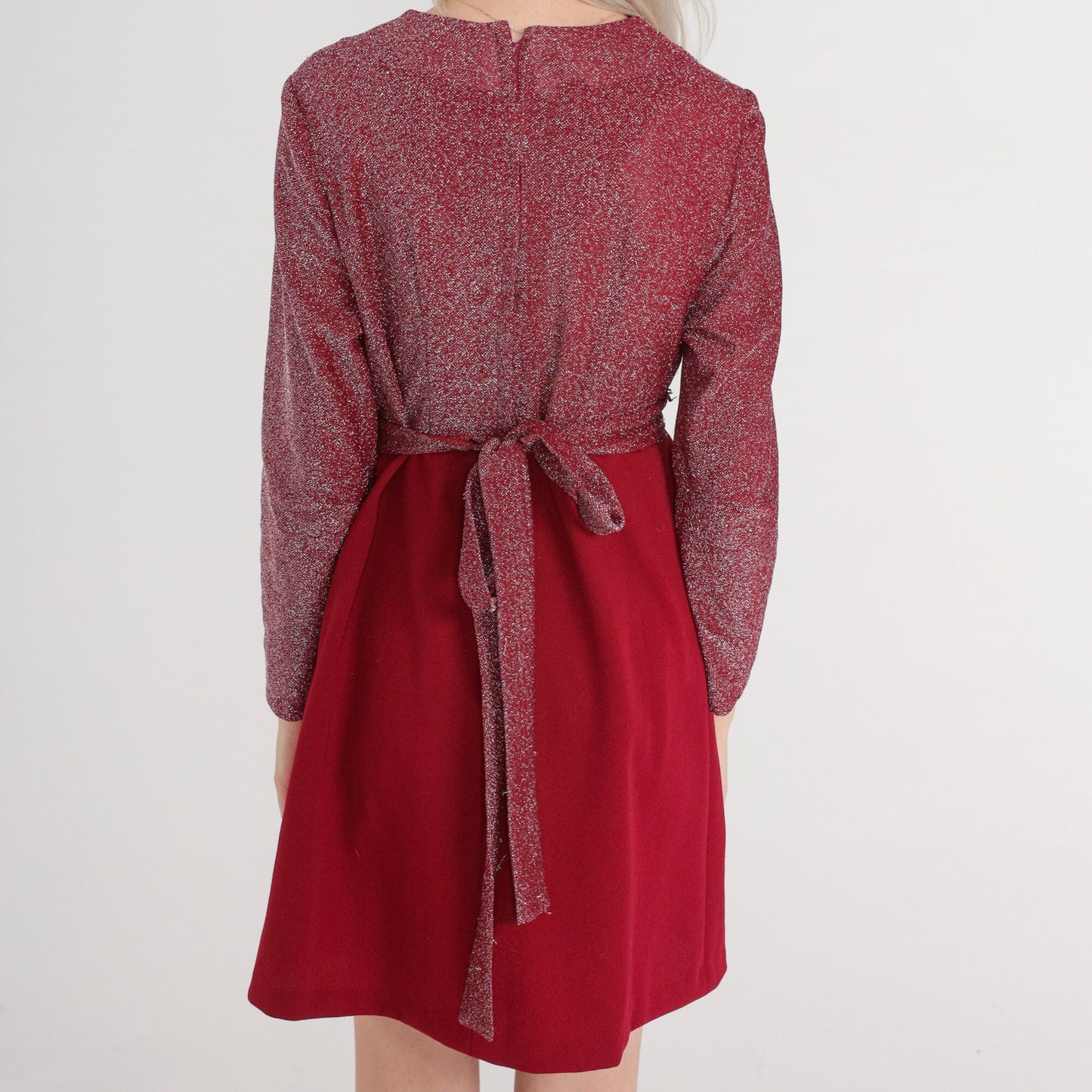 70s Metallic Red Mini Dress Empire Waist Wrap Long Sleeve Medium
