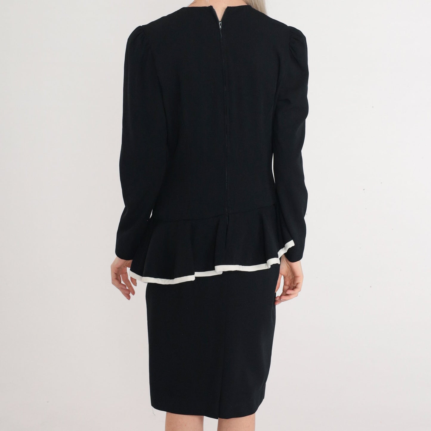 80s Black Peplum Dress White Asymmetrical Ruffle Long Puff Sleeve Knee-Length Small