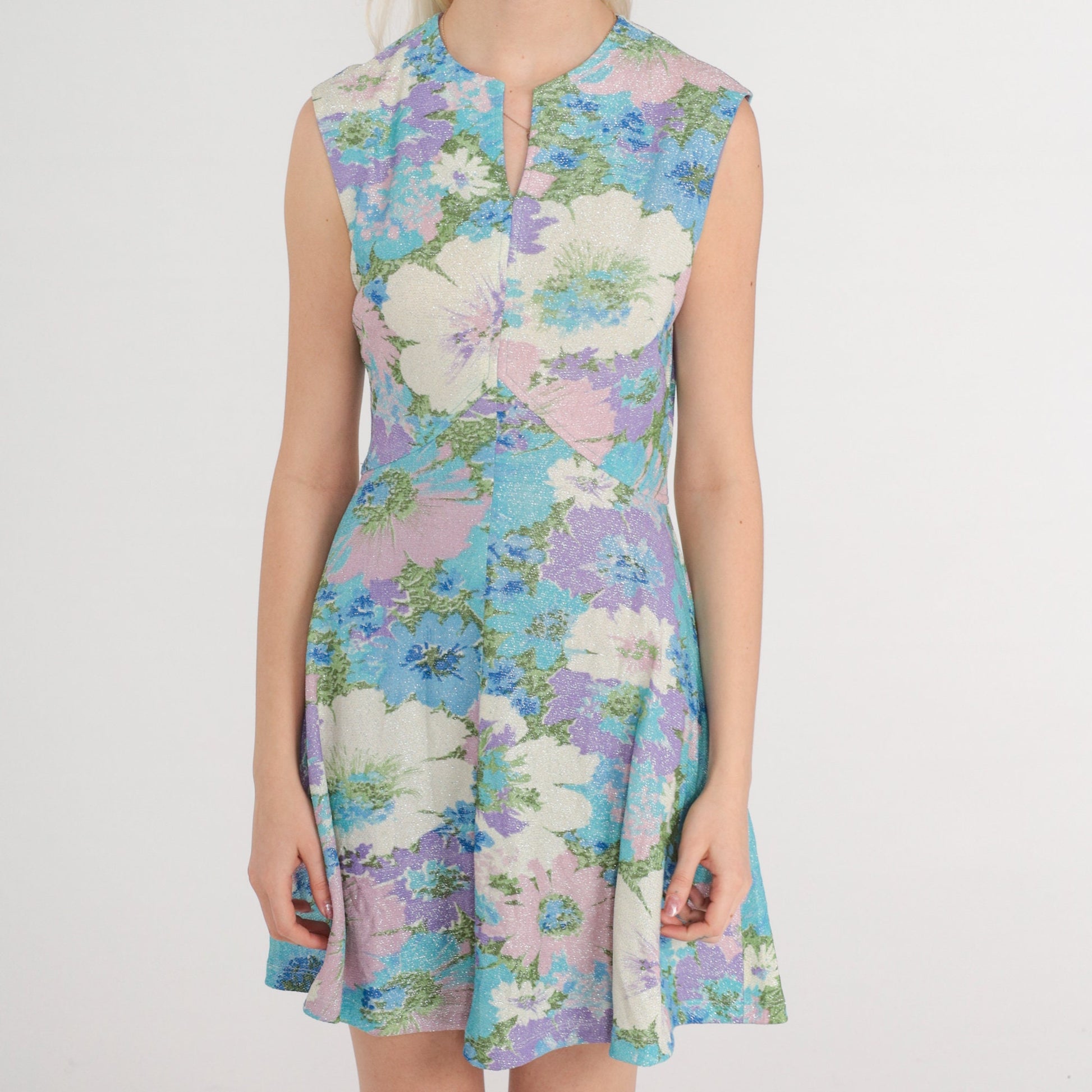 70s Metallic Floral Mini Dress Empire Waist V-Neck Sleeveless Purple Blue Extra Small