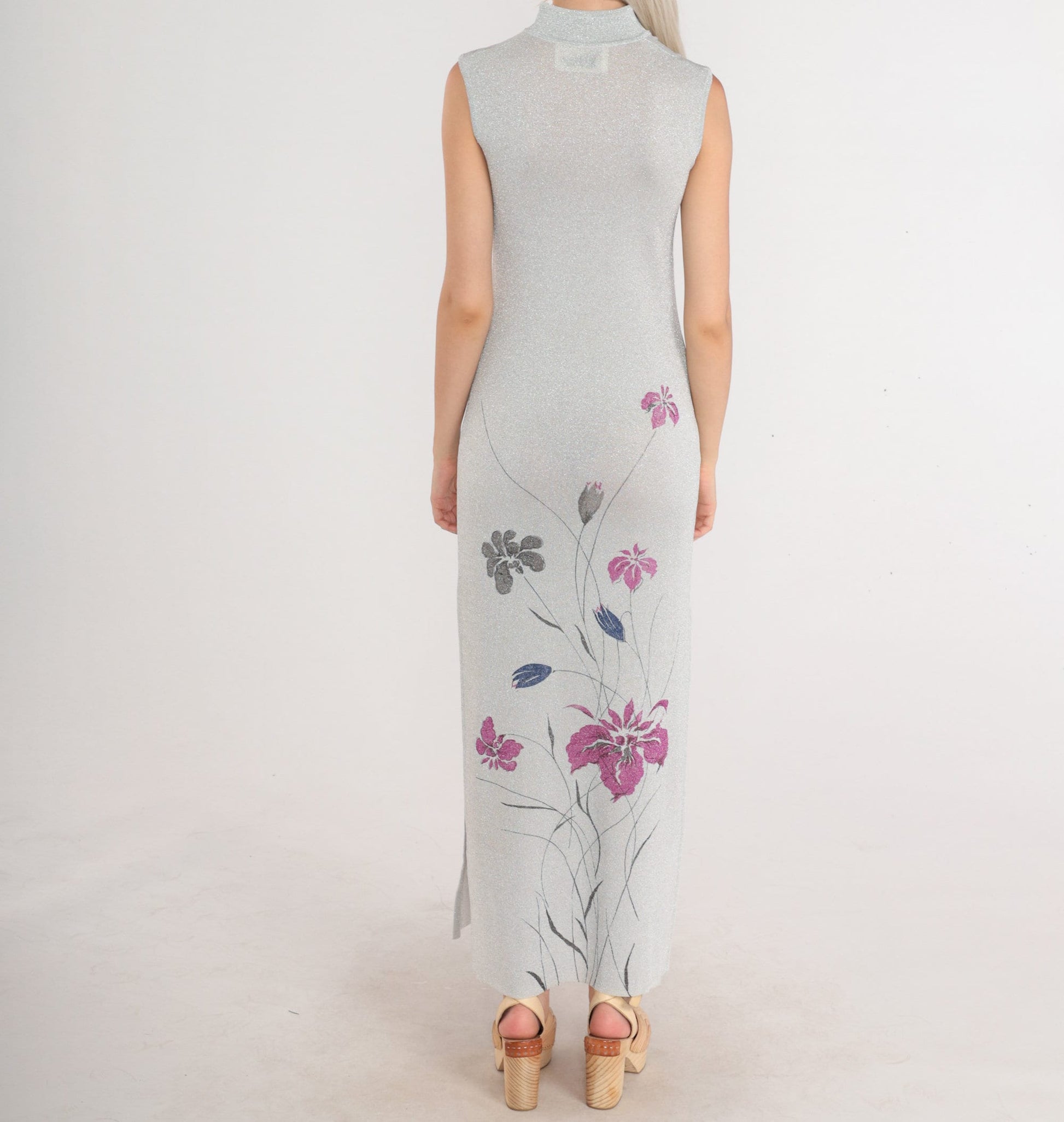 70s Metallic Silver Floral Maxi Gown V-Neck Sleeveless Side Slit Evening Dress XS