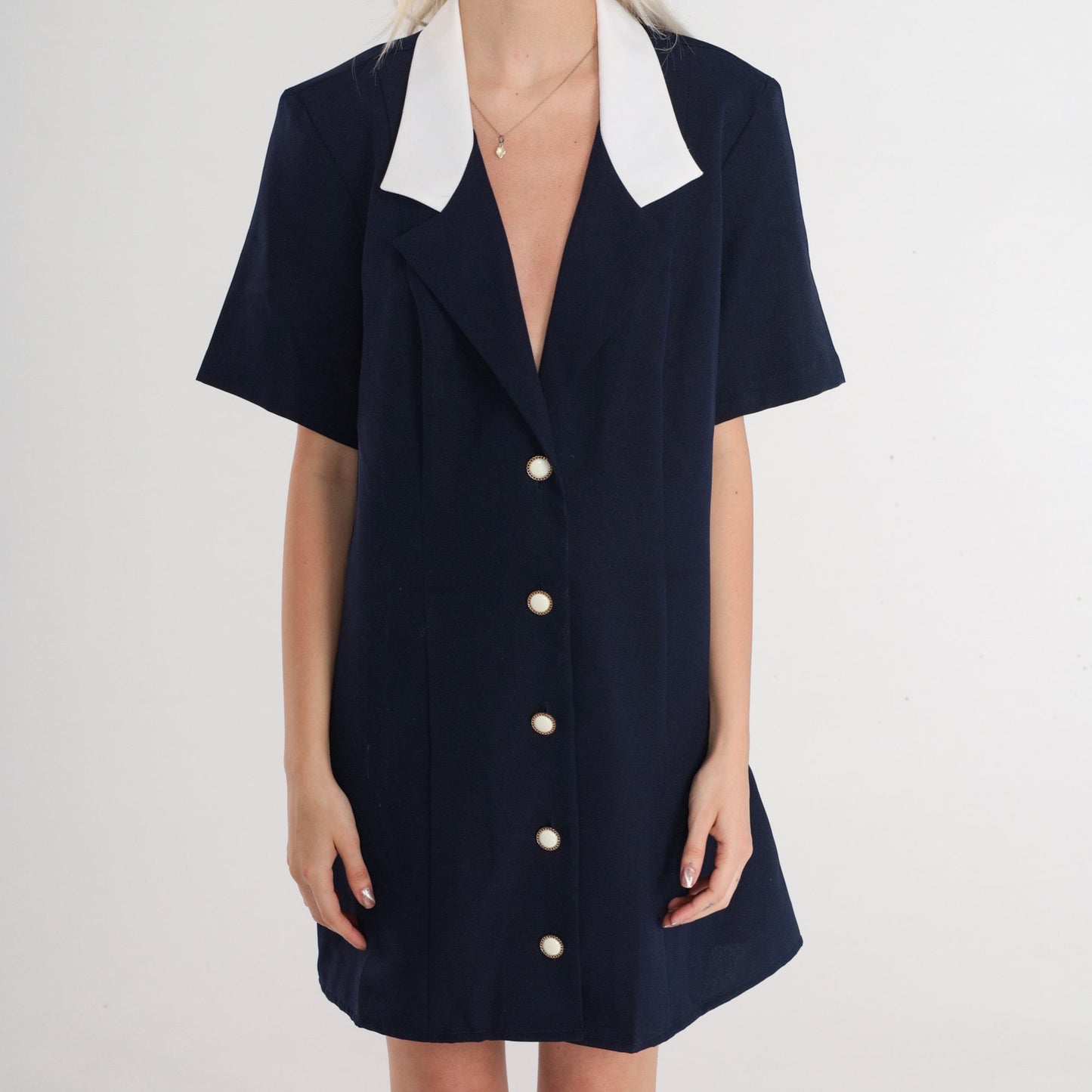 80s Navy Blue Mini Shirtdress Collared Button-Up White Trim Large L