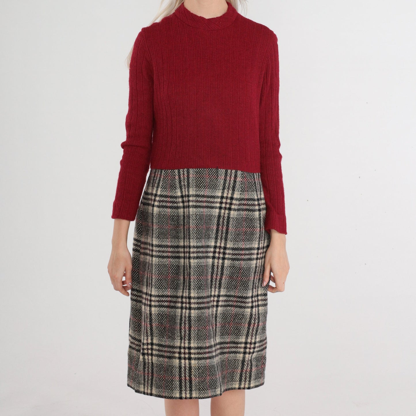 60s Dark Red Plaid Wool Blend Midi Dress Mock Neck Long Sleeve Medium