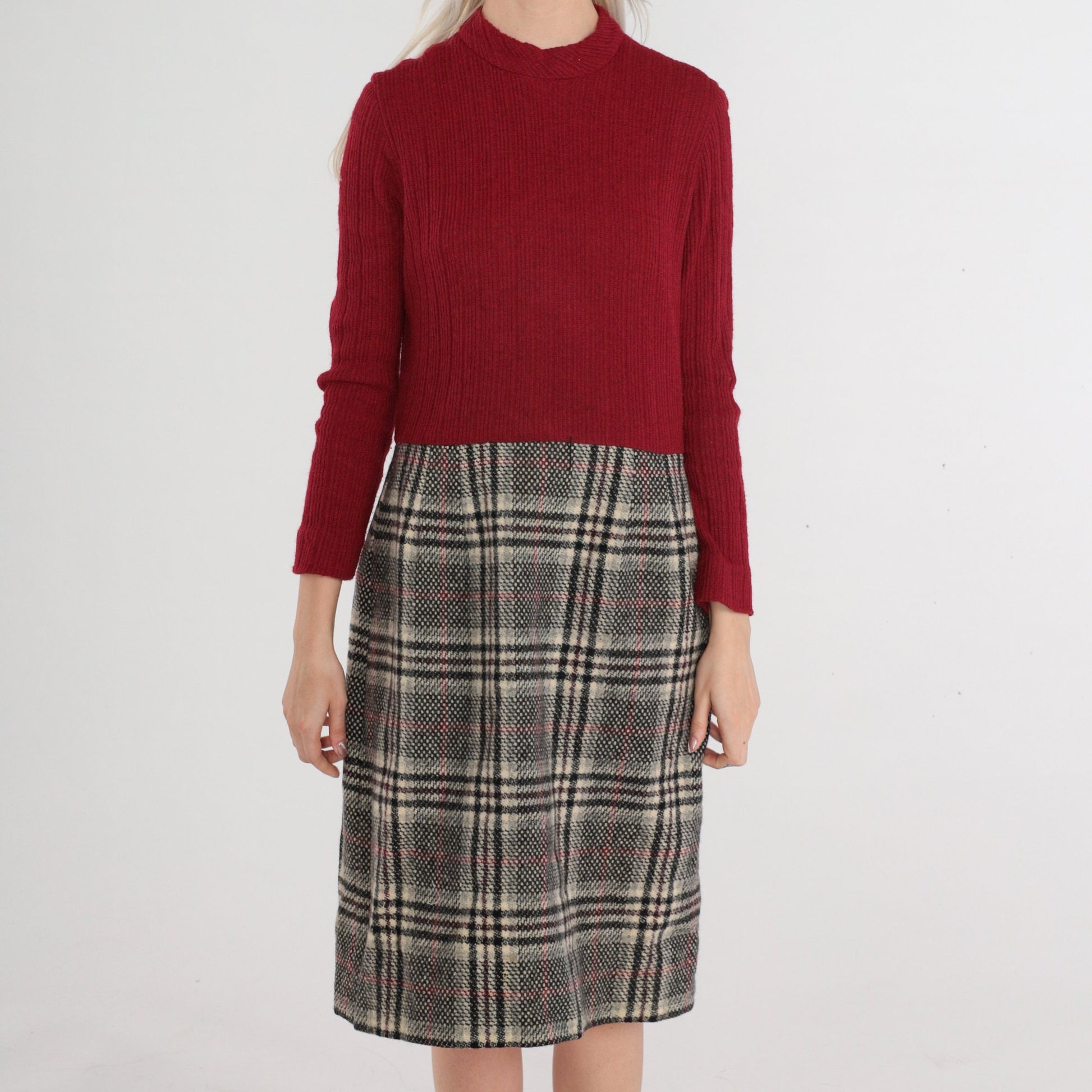 60s Dark Red Plaid Wool Blend Midi Dress Mock Neck Long Sleeve Medium