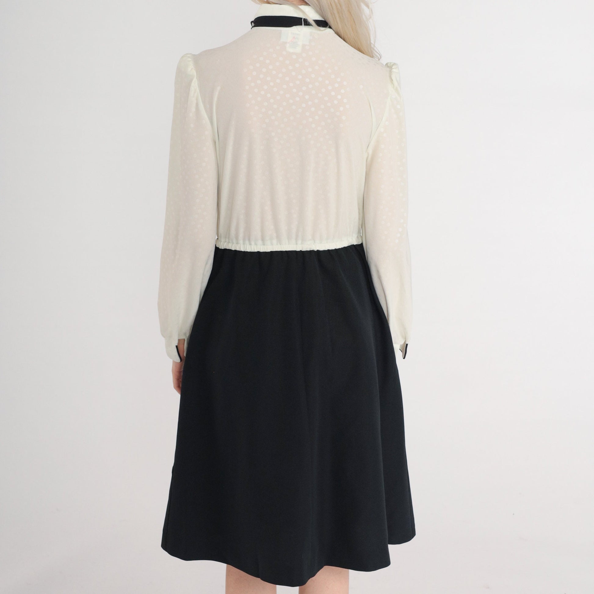 80s Black Off-White Polka Dot Puff Sleeve Mini Shirtdress Ascot Tie Small