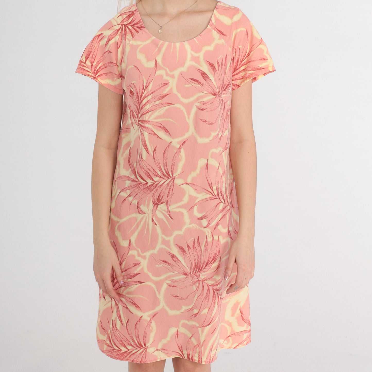 Y2K Iolani Tropical Floral Mini Dress Pink Short Sleeve Shift Small S