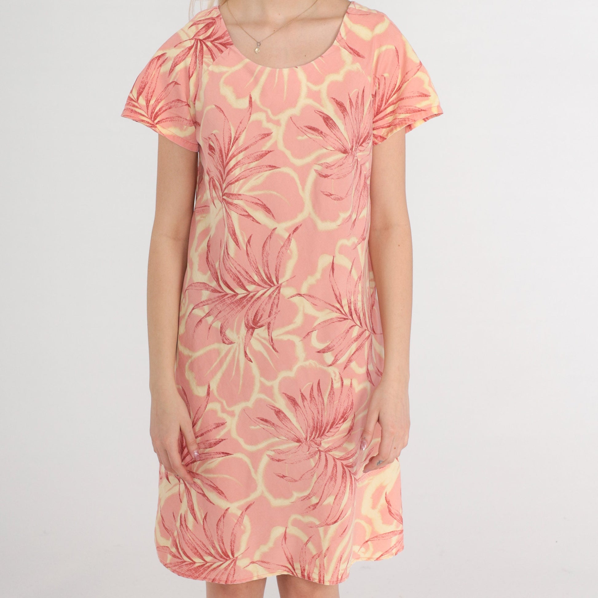 Y2K Iolani Tropical Floral Mini Dress Pink Short Sleeve Shift Small S
