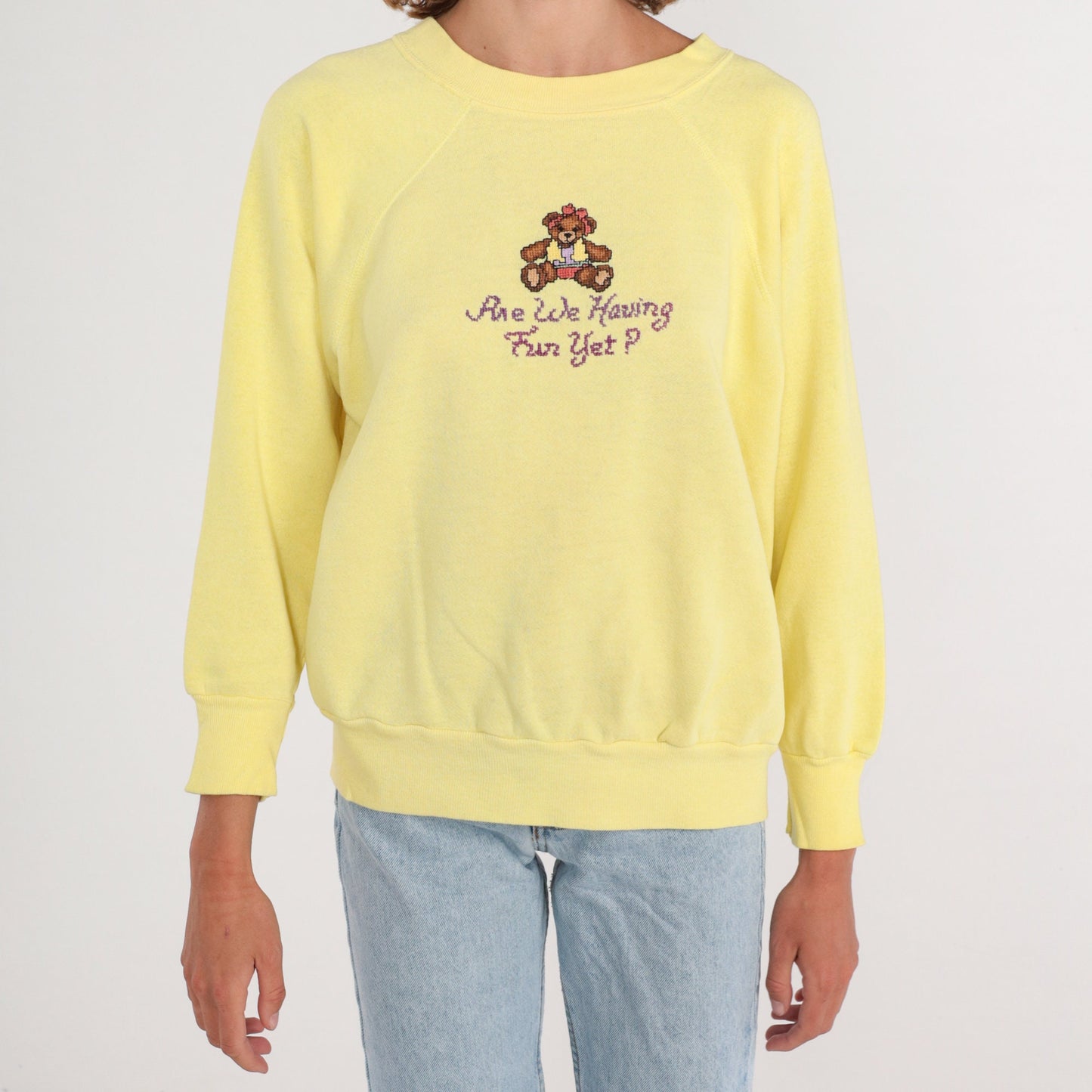 80s Teddy Bear Sweatshirt Yellow Raglan Graphic Crewneck 1X
