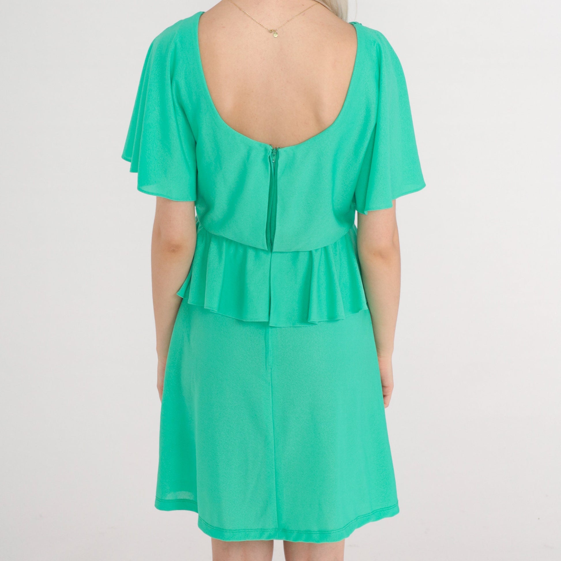 70s Green Flutter Sleeve Dress Cowl Neck Peplum Mini Small