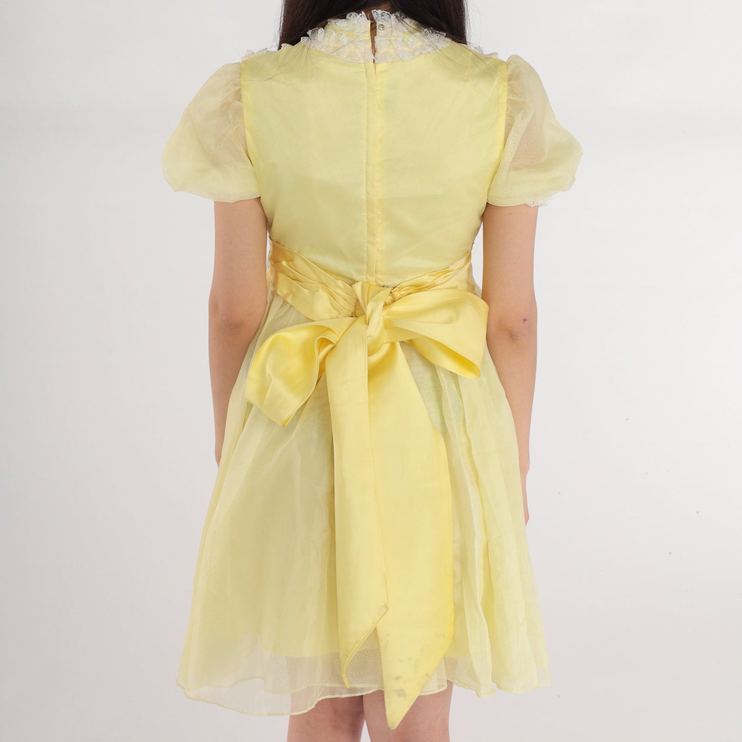60s Yellow Mini Dress Empire Waist Puff Sleeve Lace Trim XXS
