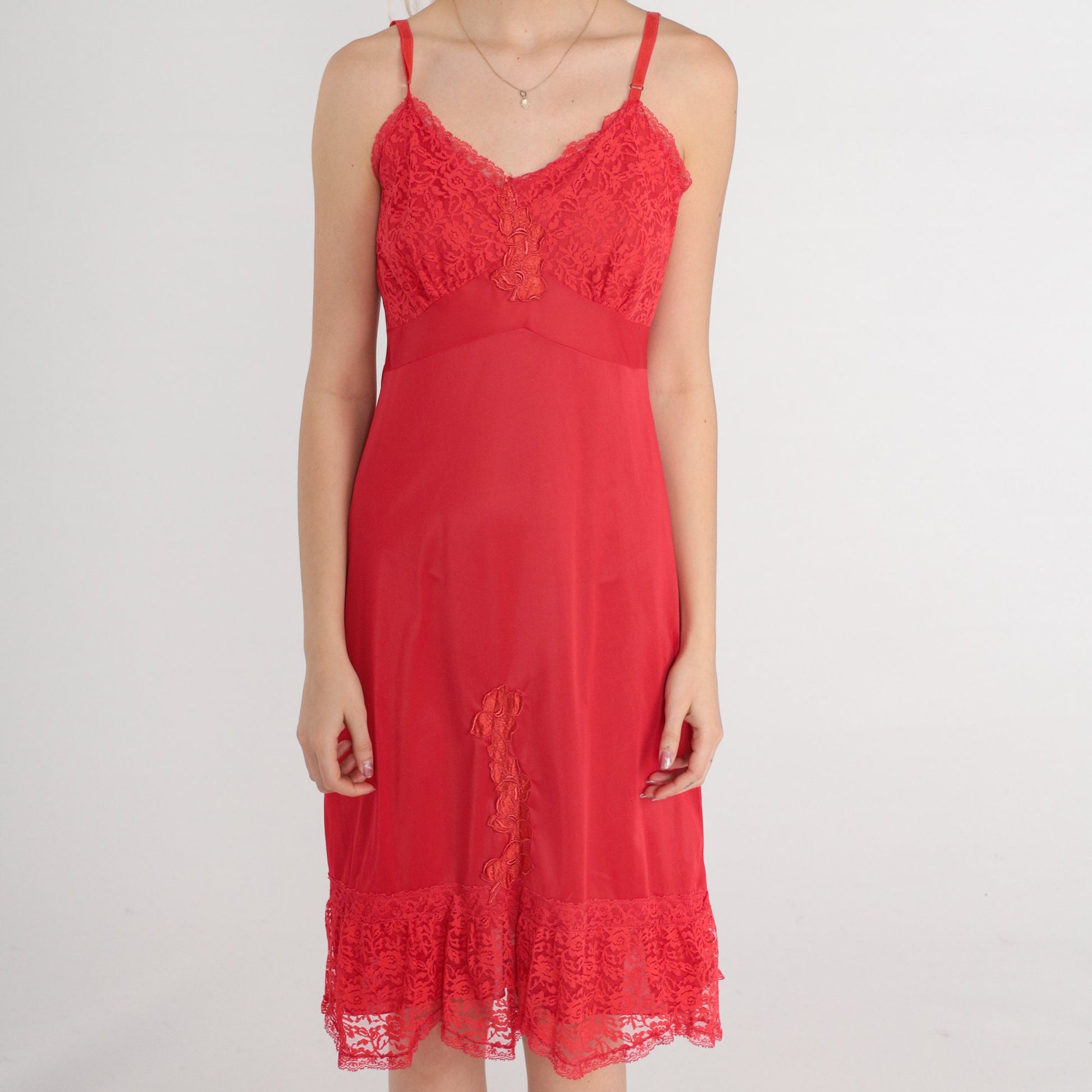 70s Red Slip Dress Floral Lace Empire Waist Spaghetti Strap Knee-Length Medium