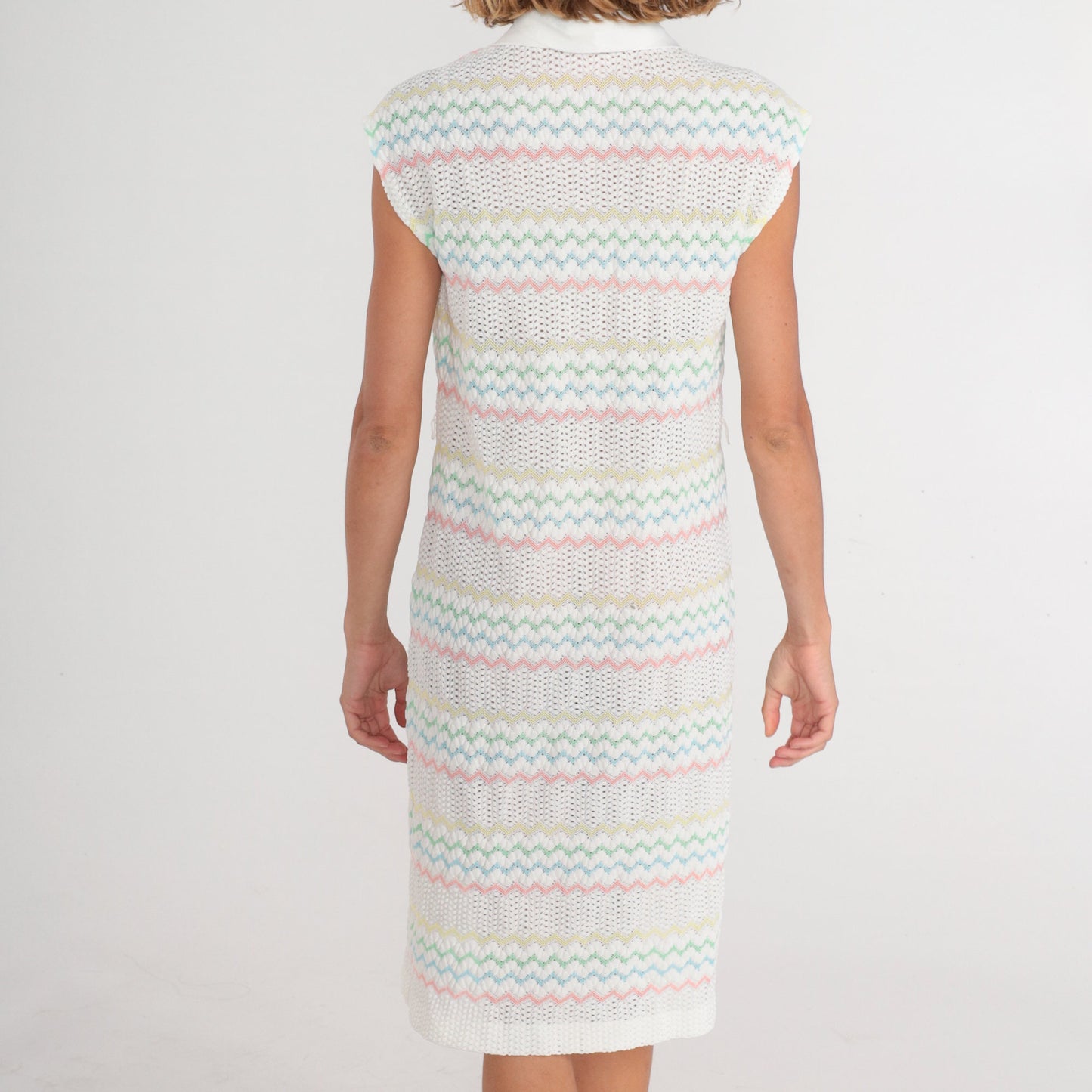70s White Crochet Midi Dress Pastel Zigzag Striped Collared Cap Sleeve Medium