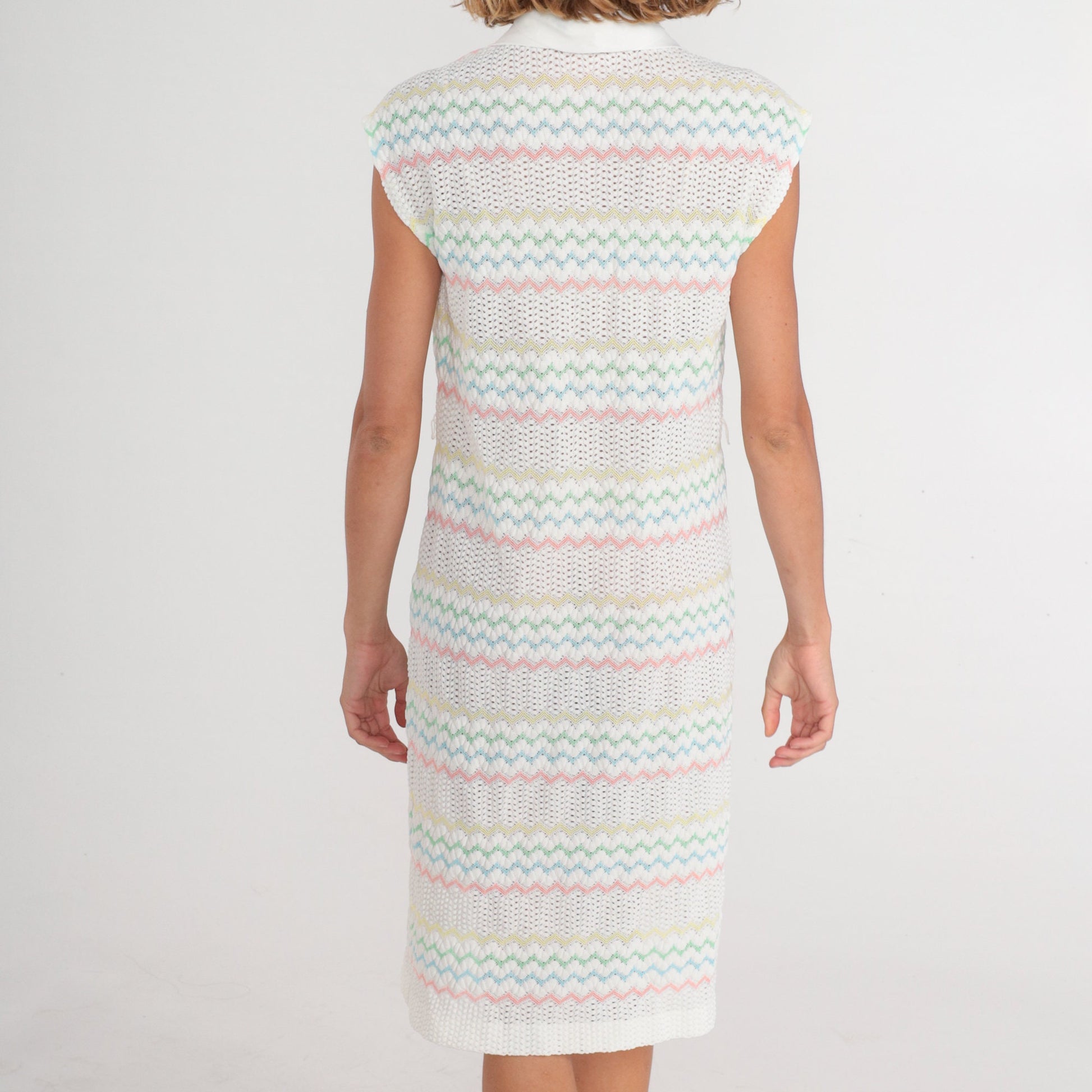 70s White Crochet Midi Dress Pastel Zigzag Striped Collared Cap Sleeve Medium