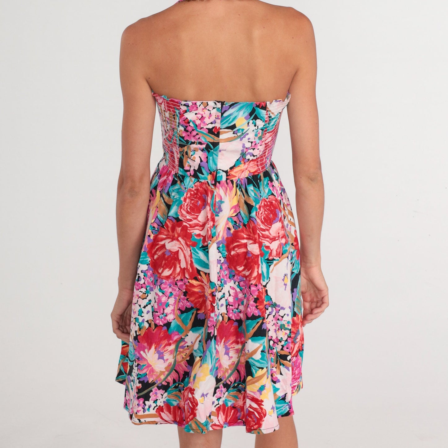 80s Floral Halter Mini Dress Sweetheart Neckline High Waist Full Skirt Extra Small