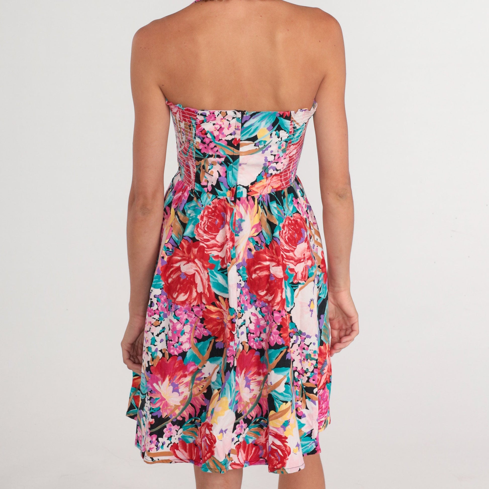 80s Floral Halter Mini Dress Sweetheart Neckline High Waist Full Skirt Extra Small