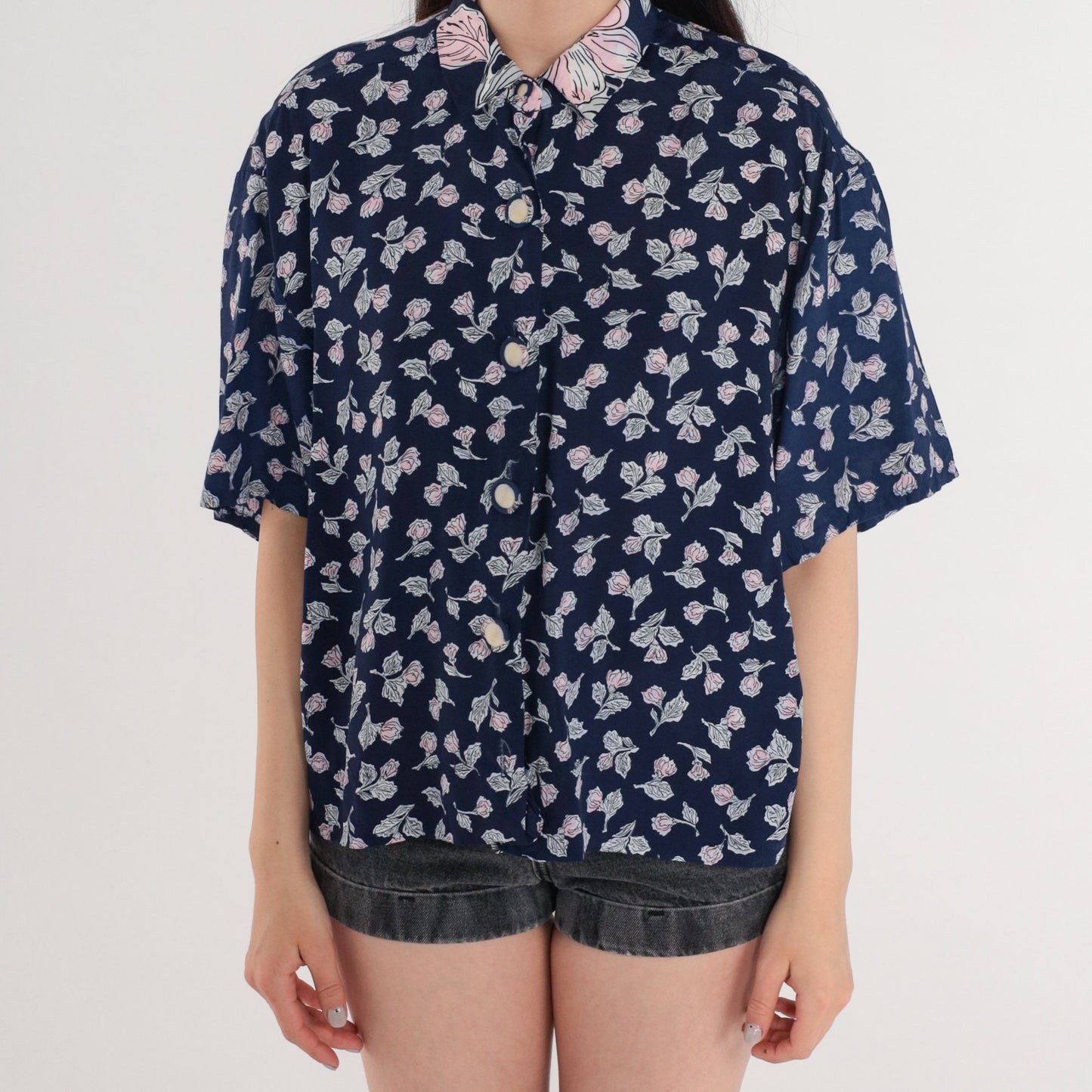 90s Navy Floral Button-Up Blouse Short Sleeve Collared Shirt Large L