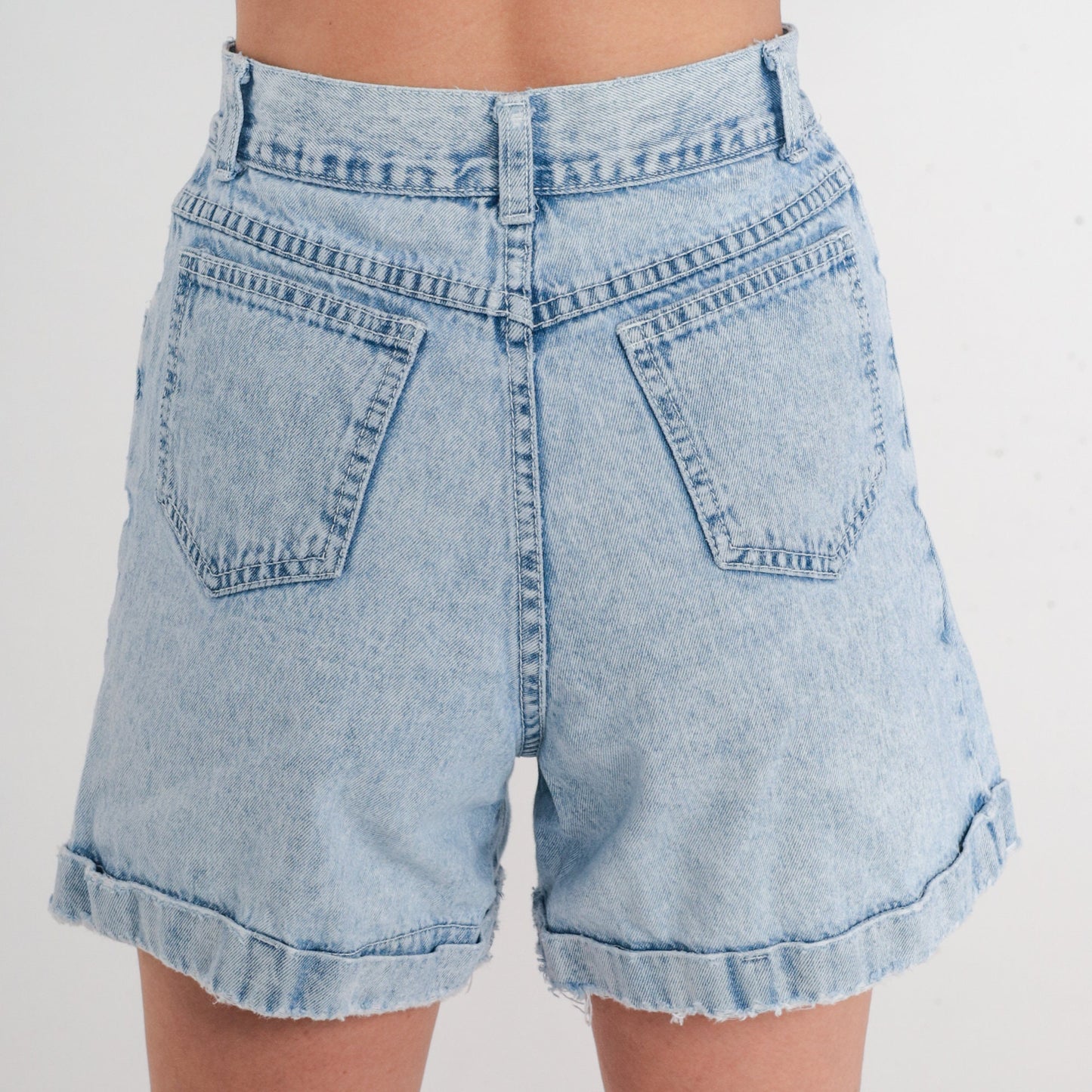 90s Stone Wash Denim Shorts High Waist Cuffed Jean Shorts Light Blue Distressed Extra Small XS