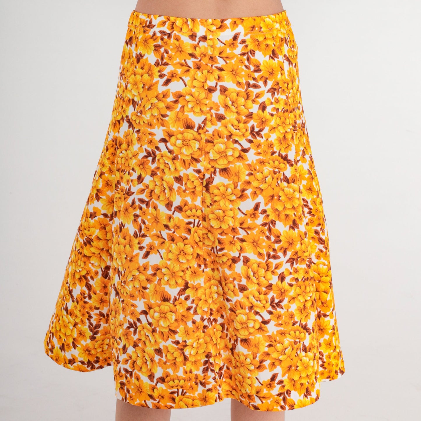 80s Floral Midi Skirt High Waist A-Line White Yellow Orange Small Medium