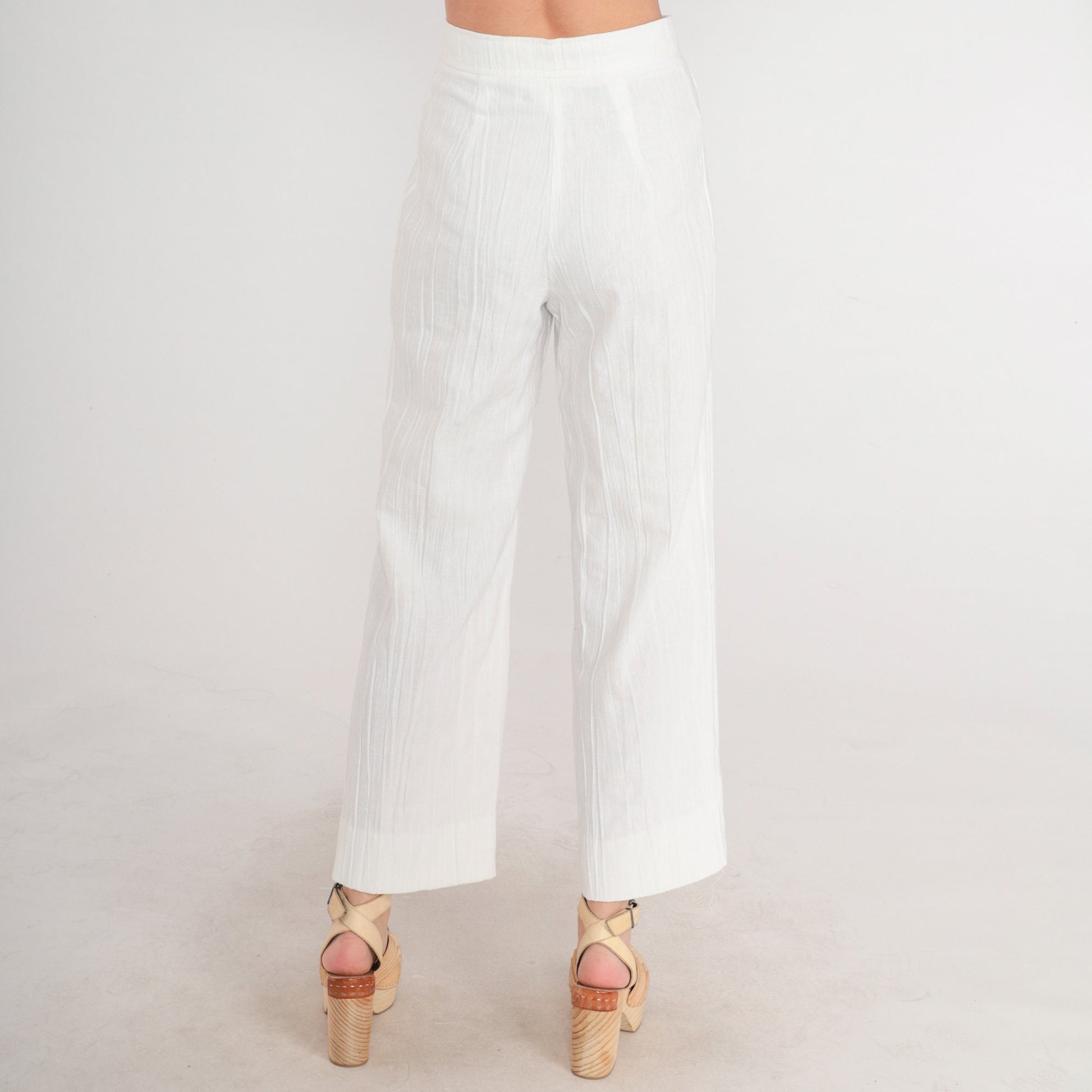 70s White Crinkled High-Rise Wide-Leg Trousers Pleated Straight Leg XS