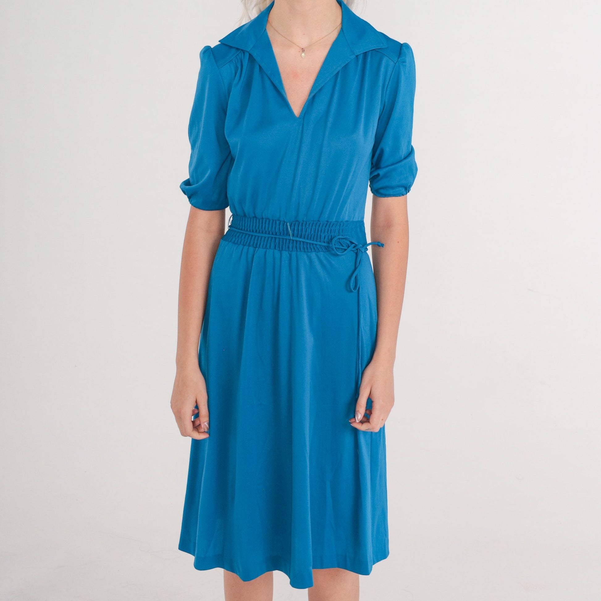 70s Blue Midi Dress Puff Sleeve High Waist Collared V-Neck Extra Small
