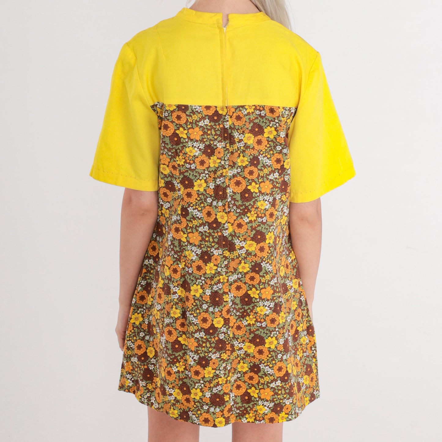 60s Floral Shift Mini Dress Yellow Yoke Short Sleeve Petite Medium