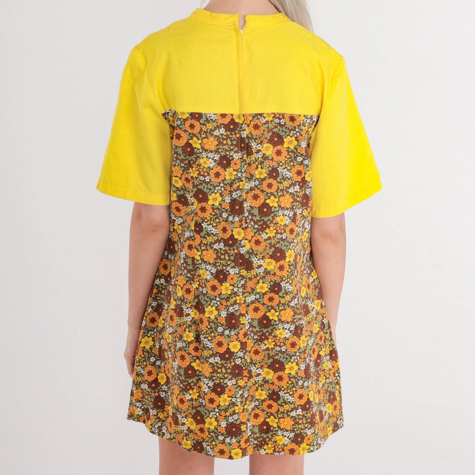 60s Floral Shift Mini Dress Yellow Yoke Short Sleeve Petite Medium