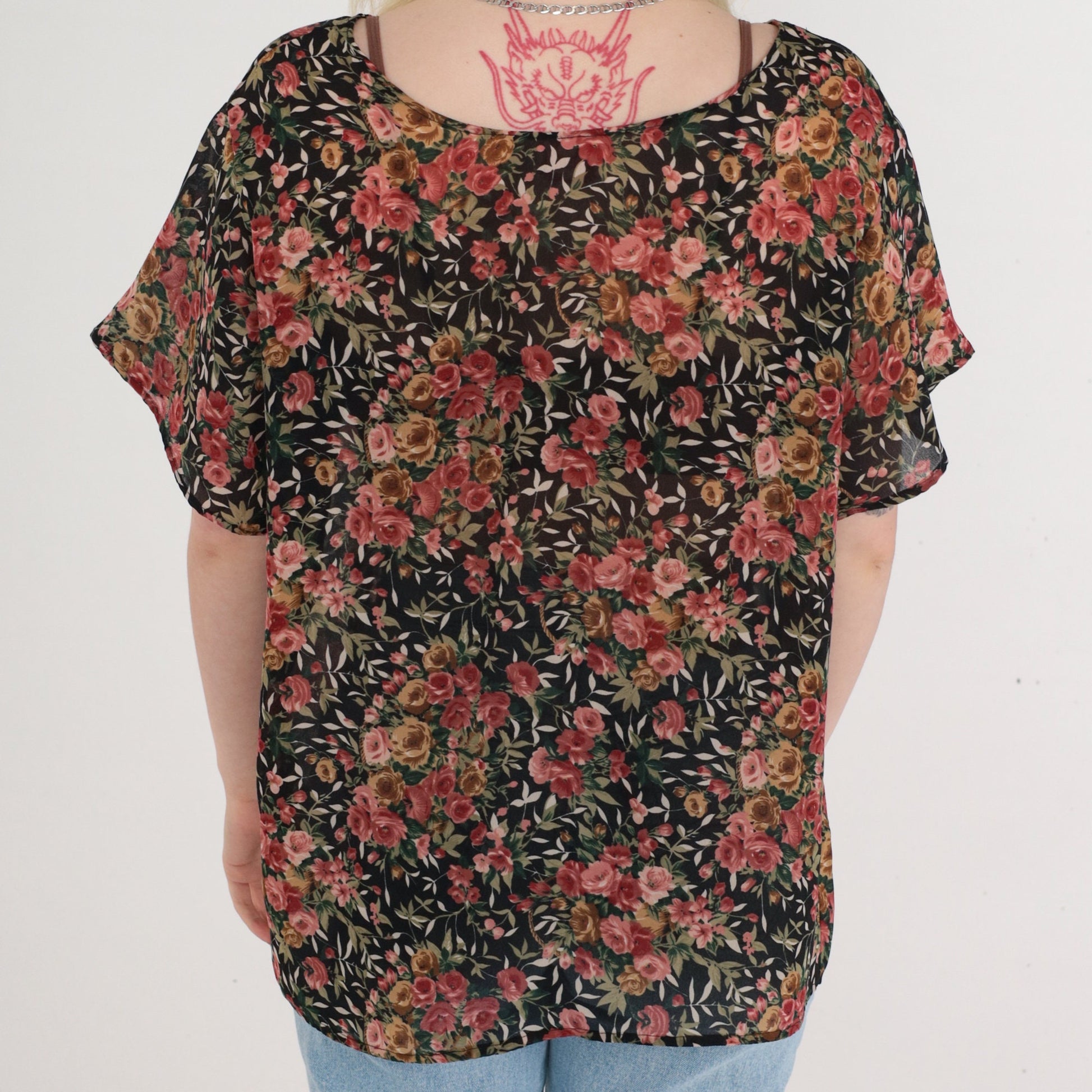 90s Black Floral Rose Print Blouse Short Sleeve Top Large L