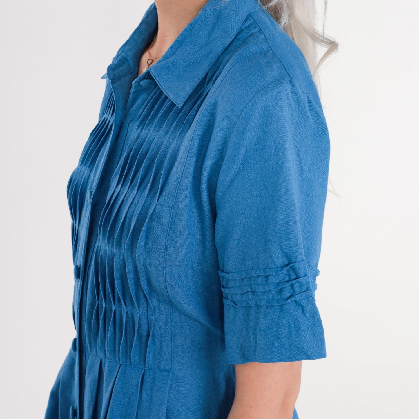 90s Coldwater Creek Blue Midi Shirtdress Pleated High Waisted Small S
