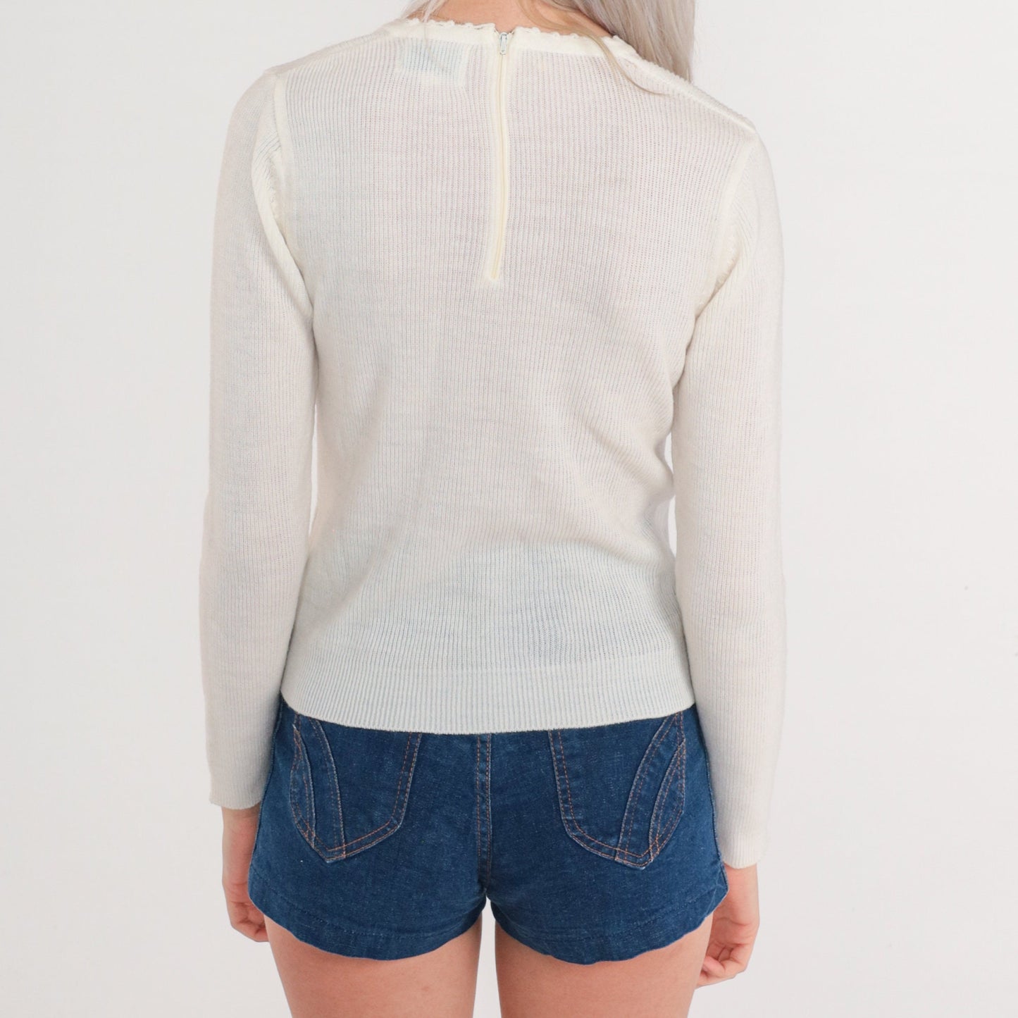70s Floral Embroidered White Knit Pullover Sweater Cutout Small