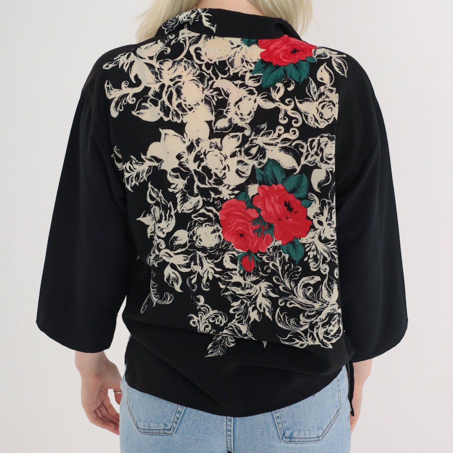 80s Black Floral Rose Print Button-Up Blouse 3/4 Sleeve Collared Medium