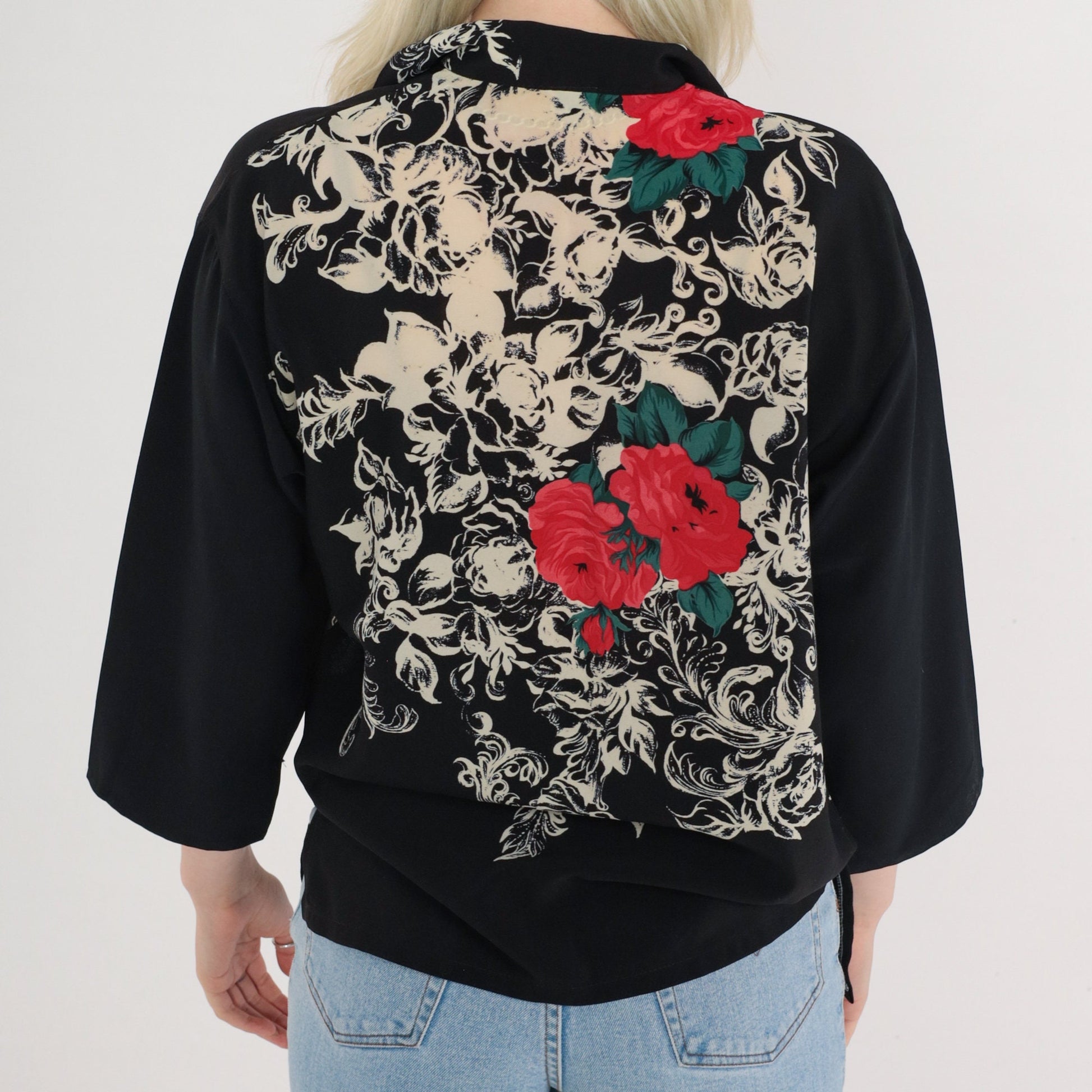80s Black Floral Rose Print Button-Up Blouse 3/4 Sleeve Collared Medium