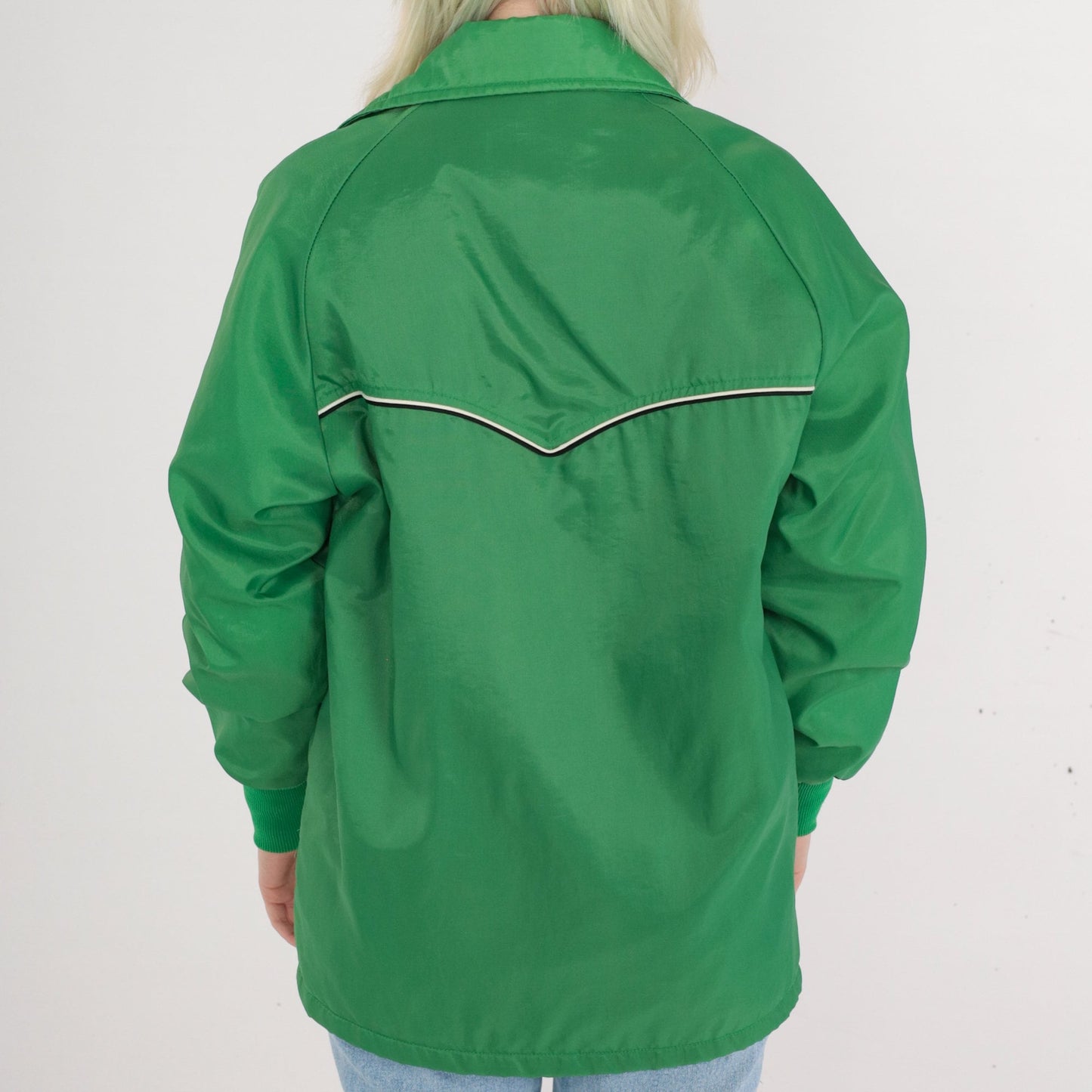 70s Green Windbreaker Jacket Faux Fur Lined Snap Fleur De Lis Medium
