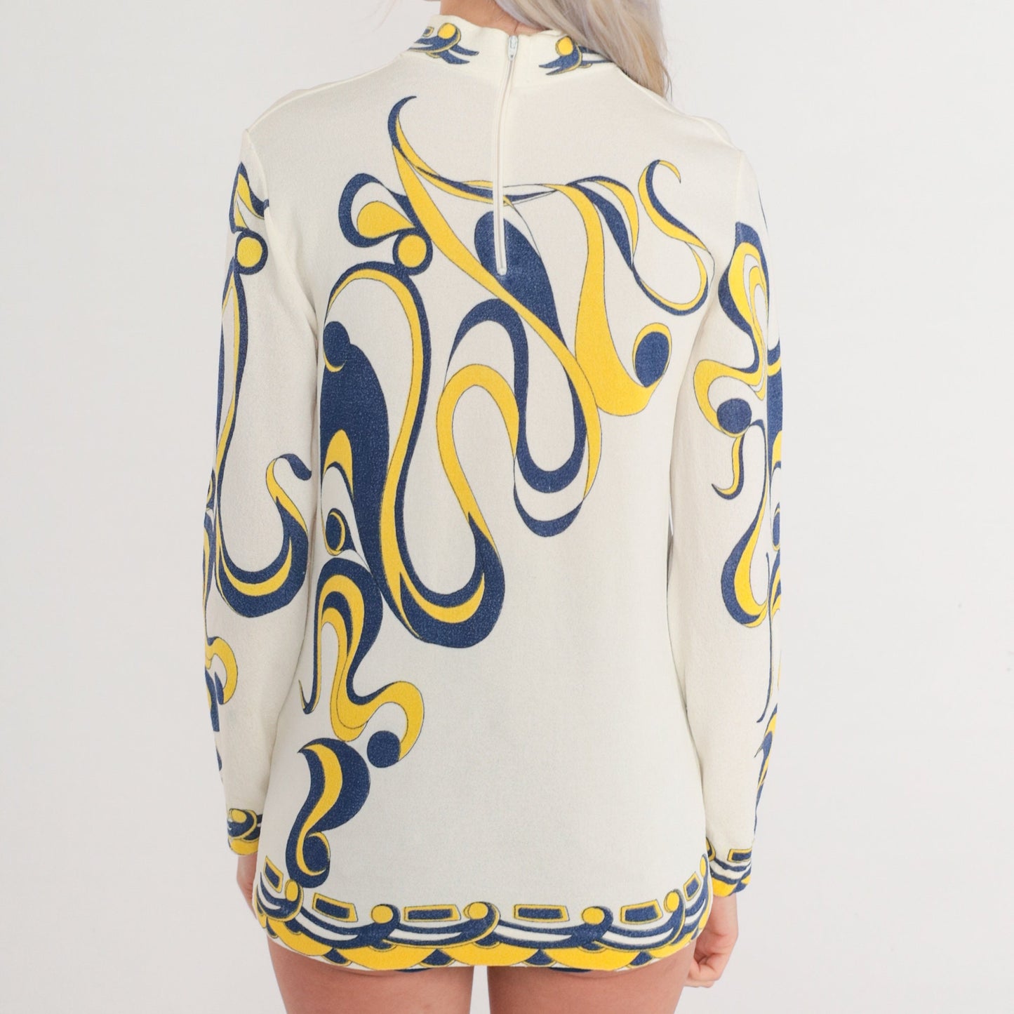 70s Psychedelic Swirl Print Mock Neck Blouse Long Sleeve White Small