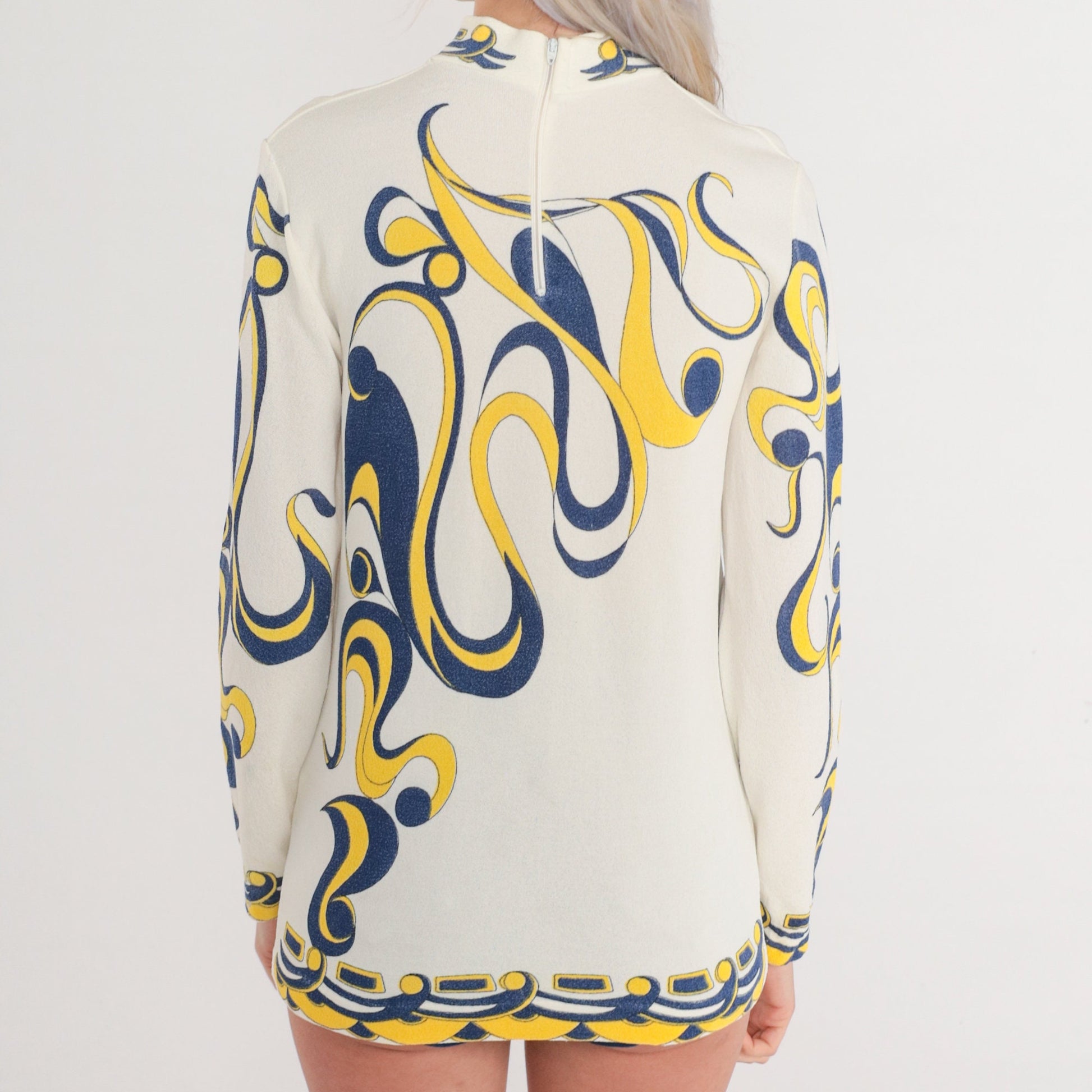 70s Psychedelic Swirl Print Mock Neck Blouse Long Sleeve White Small