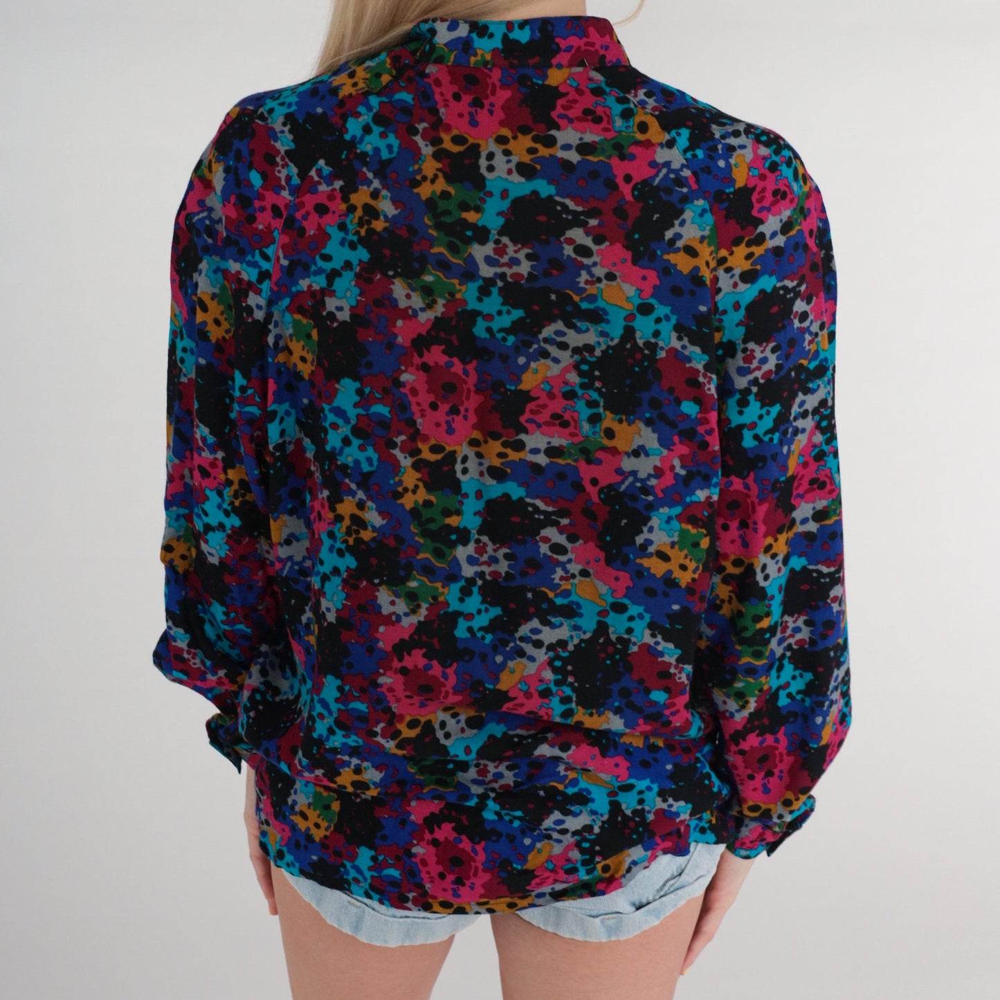 80s Abstract Paint Splatter Button-Up Blouse Multicolor Long Sleeve Small
