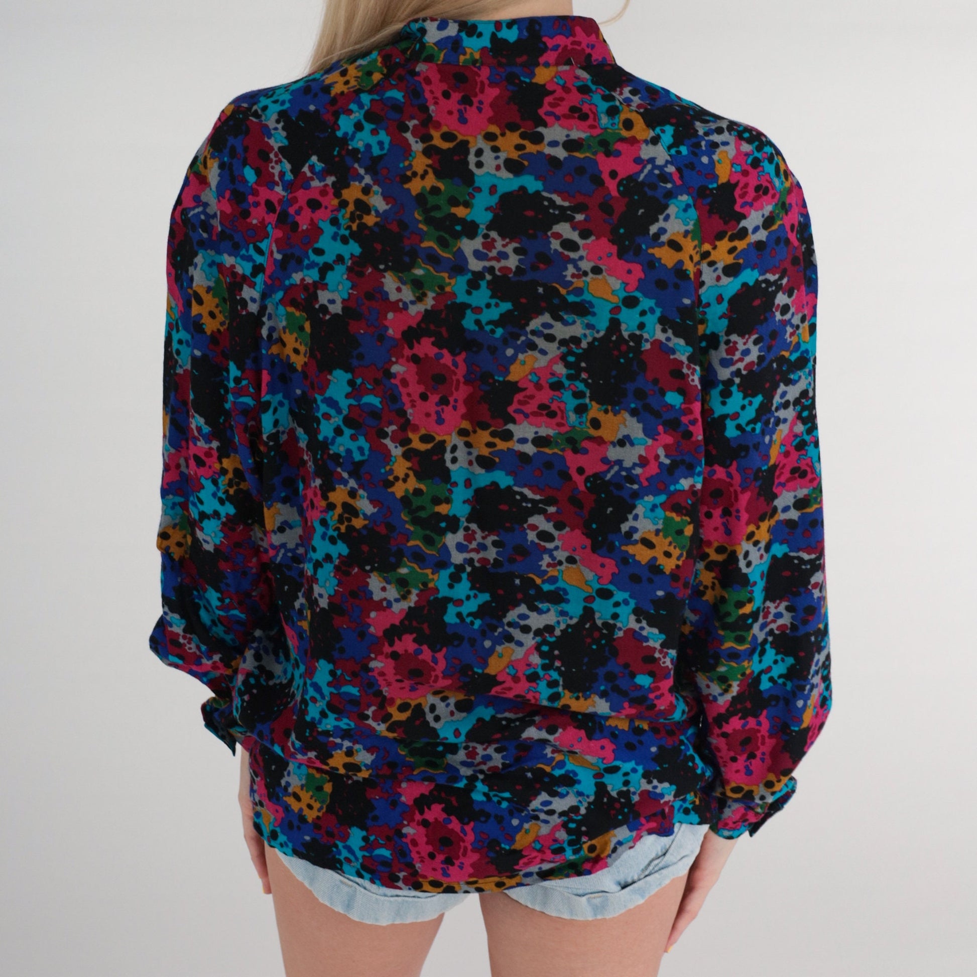 80s Abstract Paint Splatter Button-Up Blouse Multicolor Long Sleeve Small