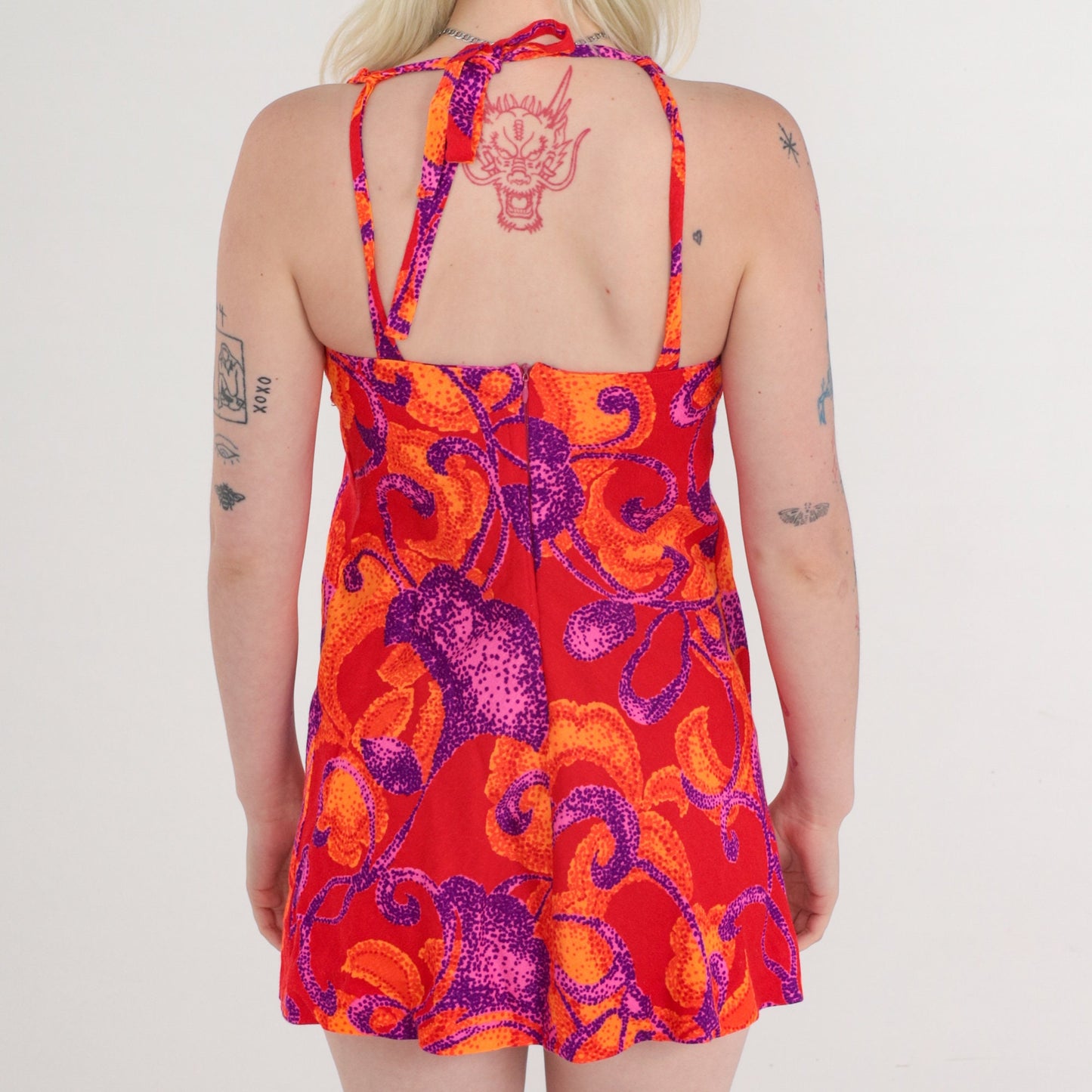 70s Halter Mini Dress Abstract Print Neon Red Empire Waist Sleeveless Extra Small
