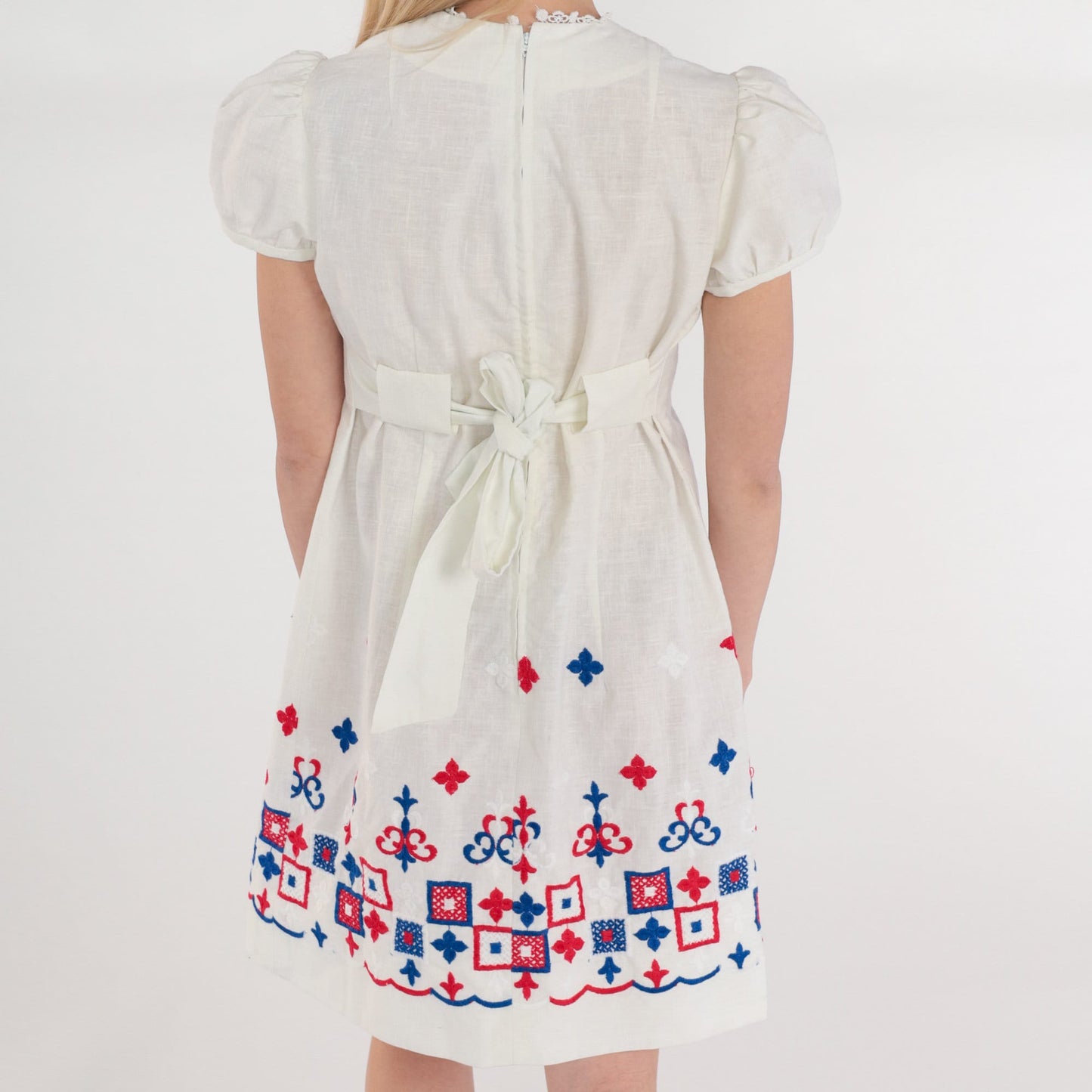 1960s White Puff Sleeve Mini Dress Embroidered Red Blue Lace Trim Small