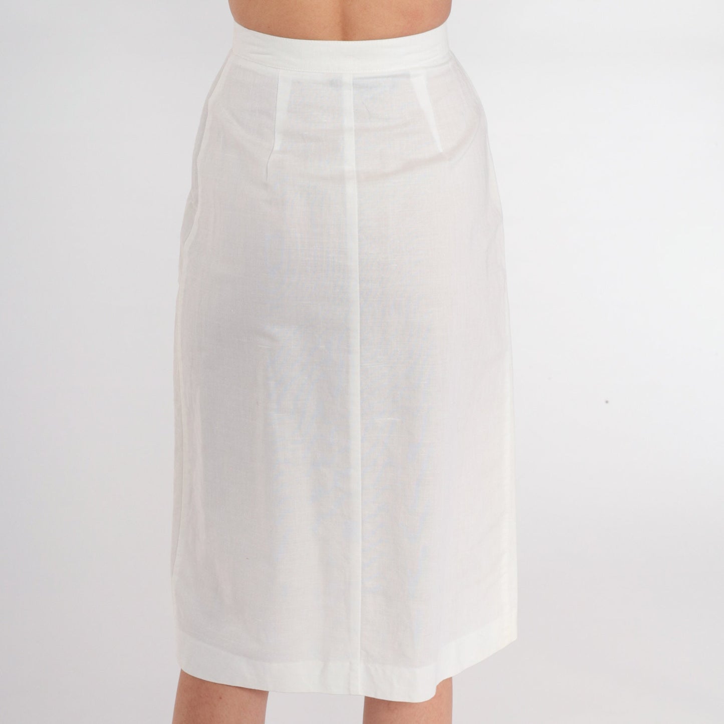 80s White Pleated Midi Skirt High Waisted Button Front XXS