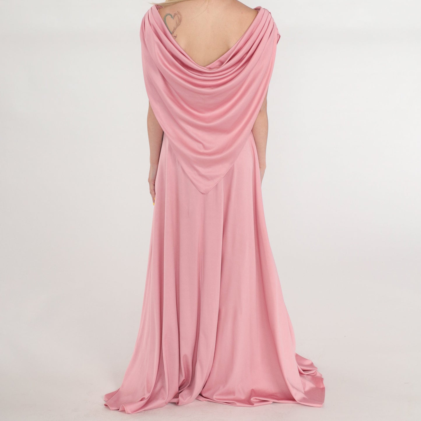 70s Pink Grecian Maxi Dress Off-Shoulder Draped Gown Medium Tall