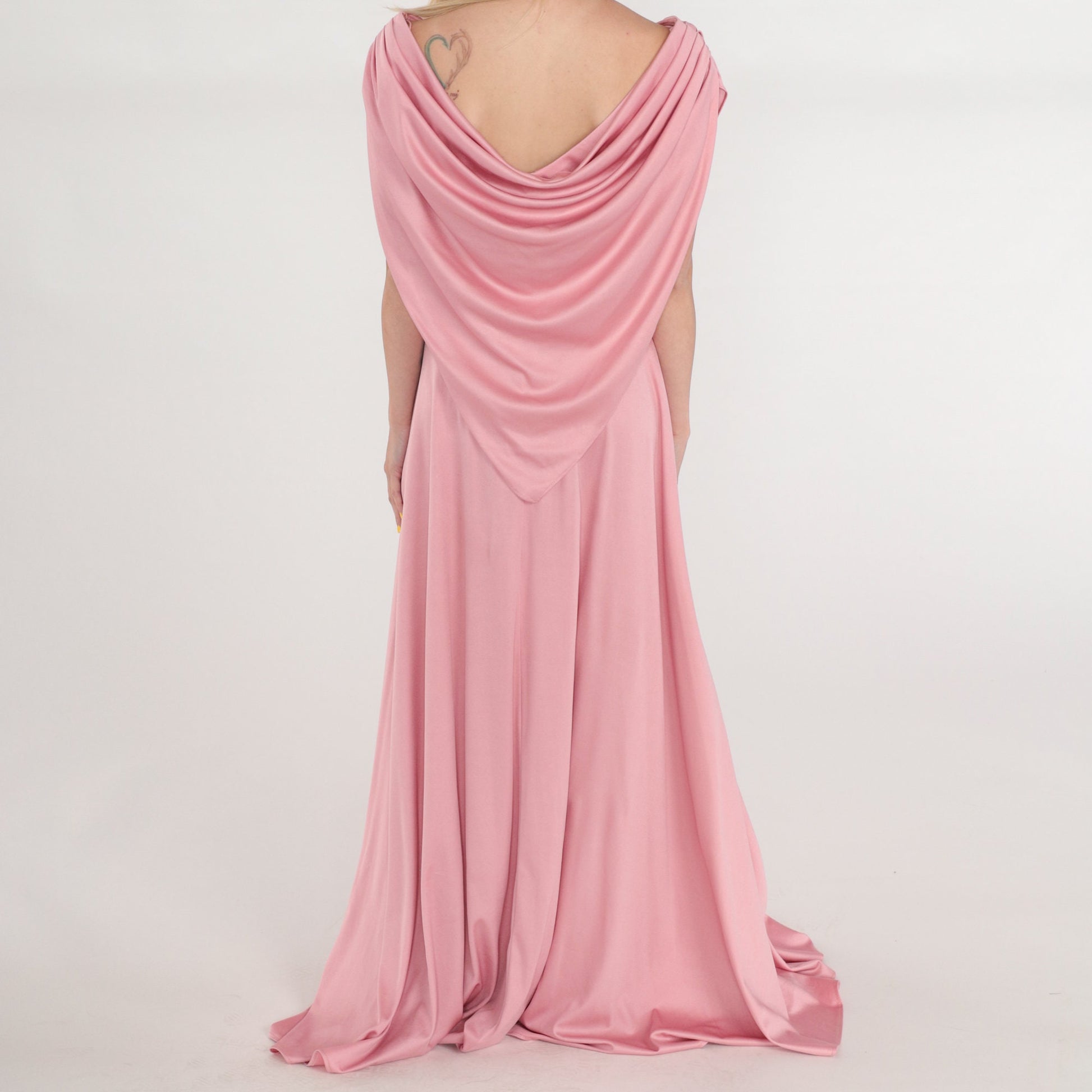 70s Pink Grecian Maxi Dress Off-Shoulder Draped Gown Medium Tall